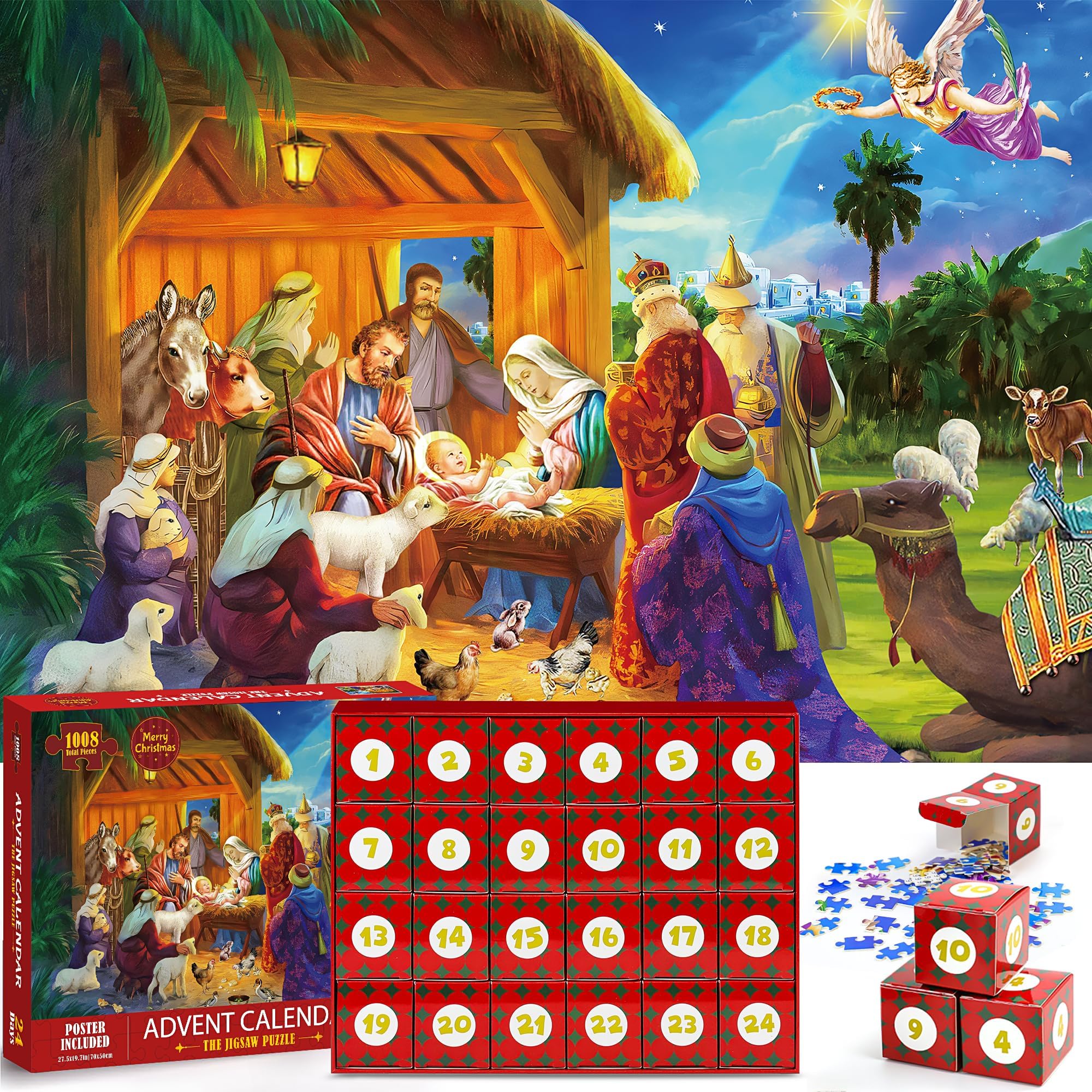 Advent Calendar 2024 Christmas Jigsaw Puzzle for Adult Kids, 1008 Pieces Nativity Jigsaw Puzzles Christmas Countdown Calendar, Xmas Holiday Family Games Puzzle Christmas Gifts