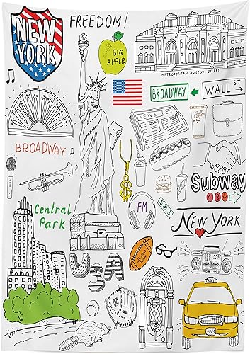 Miniatura 3 de Ambesonne Mantel americano, Museo Metropolitano de Cultura de la Ciudad de Nueva York, Crossroad Wall Street, estampado estilo boceto, mantel