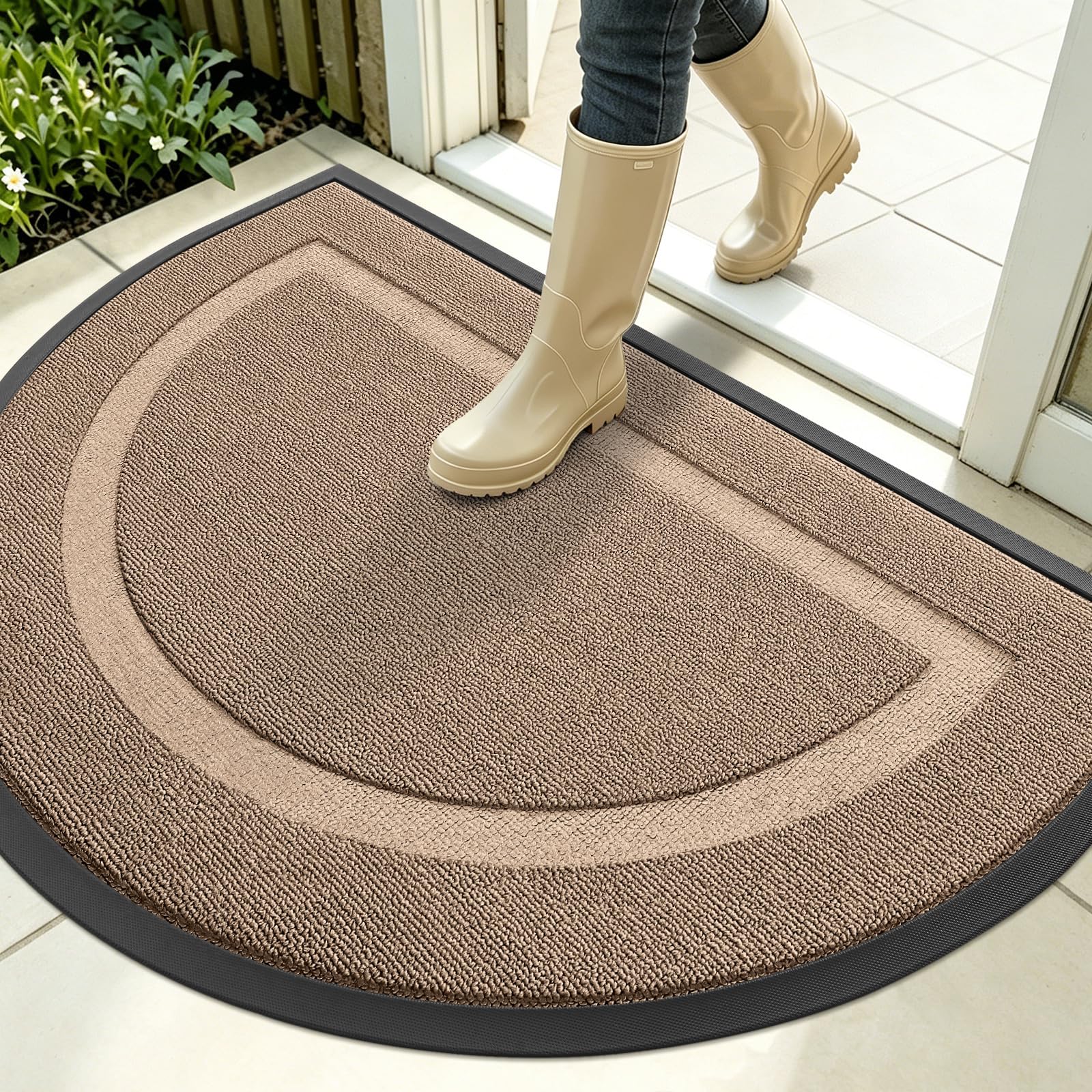 OLANLY Half Circle Front Door Mat Outside 35x23 All-Season Rubber Doormat | Mocha, Absorbent, Heavy-Duty, Stain and Fade Resistant, Waterproof Non-Slip Backing, Low-Profile Indoor Outdoor Entryway Mat