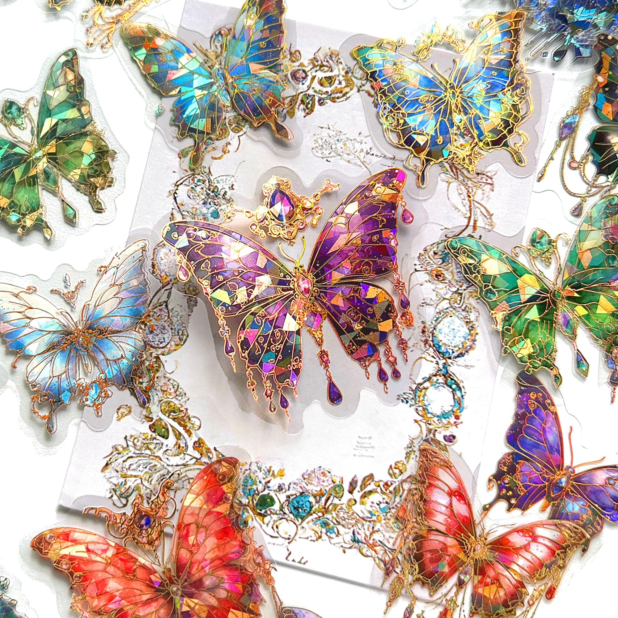 Tazweeq Butterfly Stickers Set, 120 Pieces with 6 Themes, Ice Crystals Holographic Shiny Transparent Resin Waterproof Stickers,for Scrapbook Supplies Junk Bullet Journals Laptop Crafts Decor