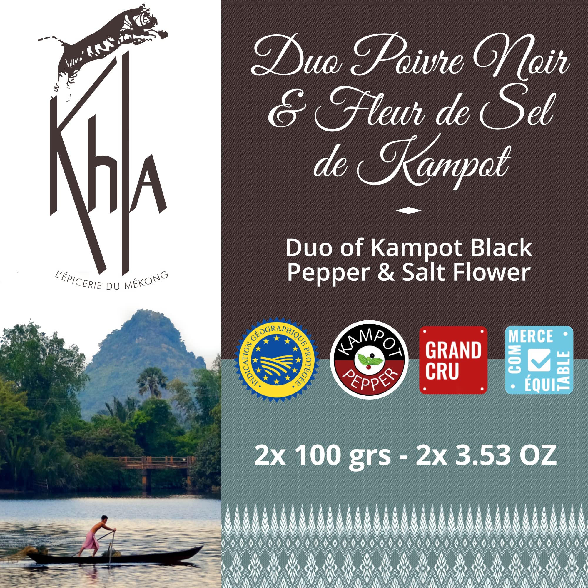 KHLA - Duo Pimienta negra de Kampot y Flor de sal de Kampot - Embalaje Tradicional en Hojas de Palma - 2x 100g