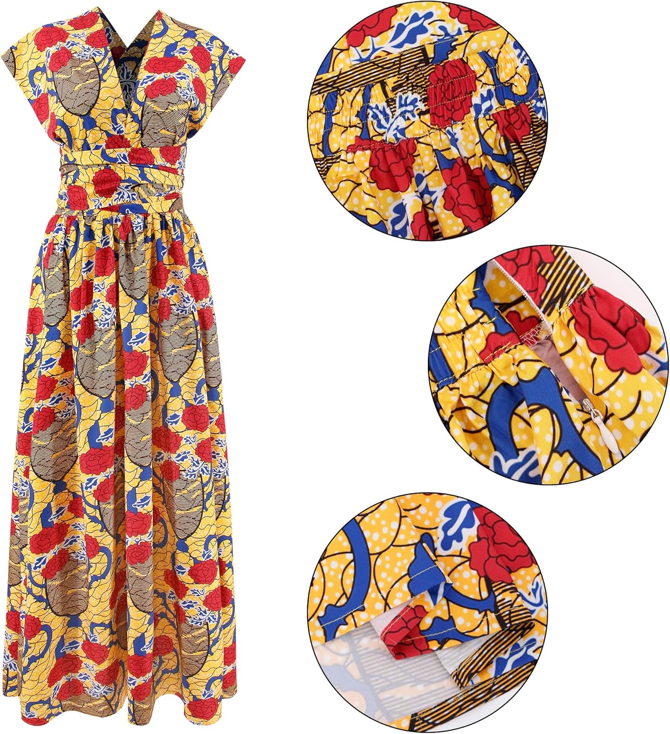 Vimoisa Women Sexy Boho African Long Maxi Dress V-Neck Multi-Way Pleated Floral Print Dresses - Image 4