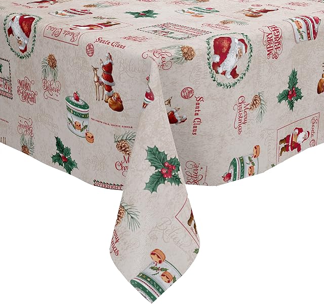 Karina Home Christmas Santa Claus Cream PVC Vinyl Wipe Clean Oilcloth Tablecloth (Cream, 200cm x 140cm)