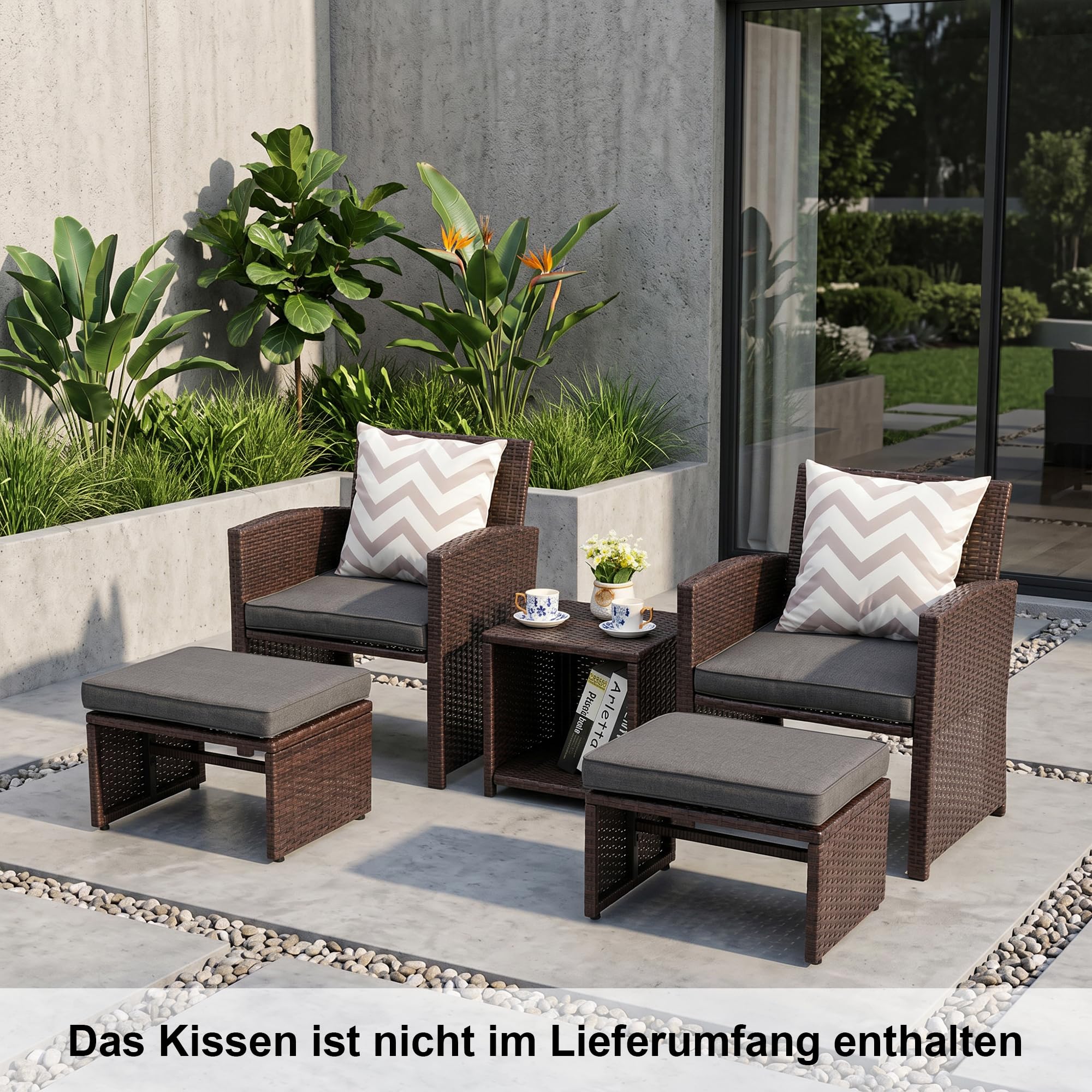 OC Orange-Casual 5-TLG Garten Unterhaltung Set, Balkon Möbel Set mit Kissen, brauner Rattan-Sessel mit Hocker&Couchtisch, für Garten, Hinterhof und Veranda (Dunkelgrau)