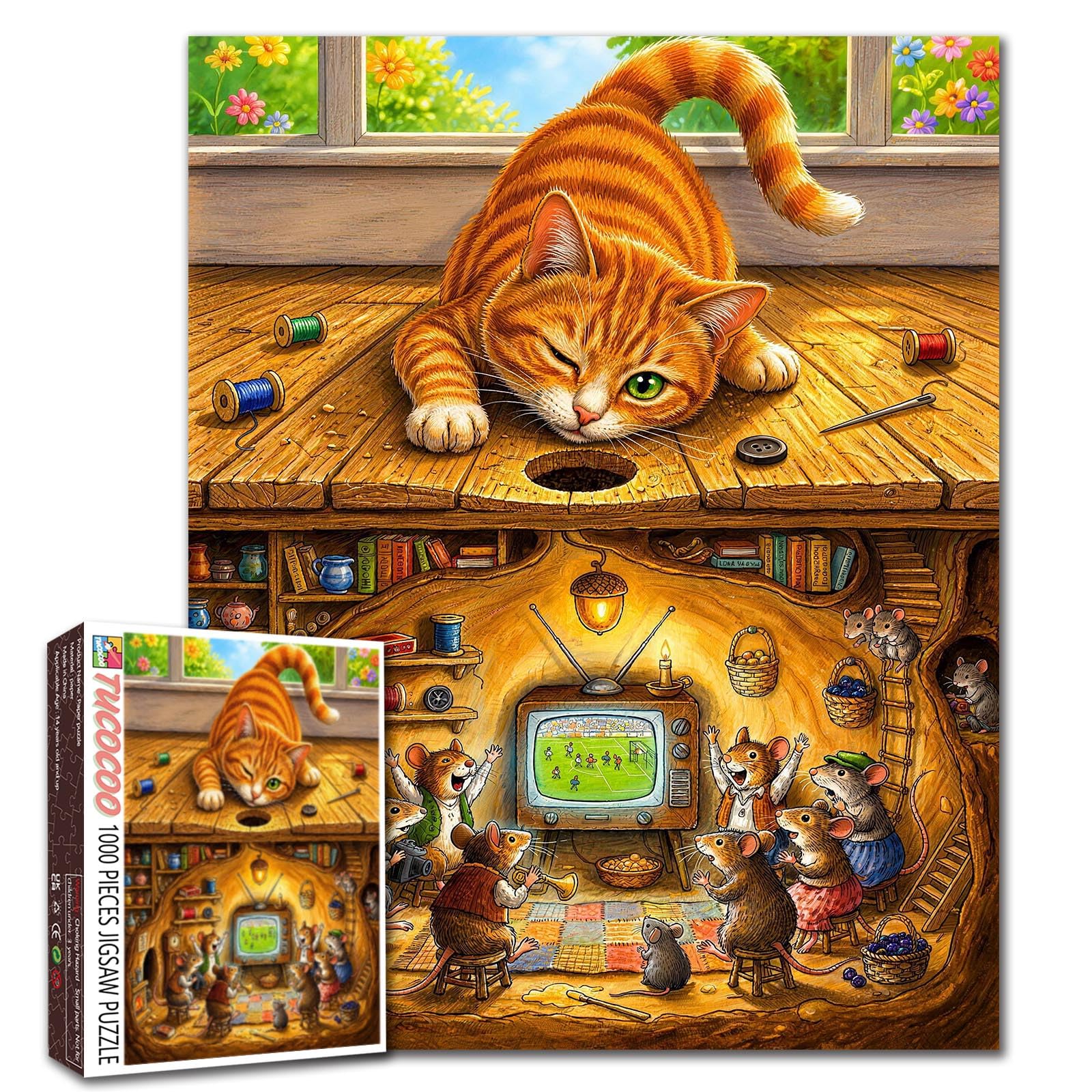 Funny Cat Jigsaw Puzzles 1000 Pieces for Adults, Families(Cat and Mouse Illustration) Pieces Fit Together Perfectly 19.7''x27.6''inch Frameable Creative Puzzle Art