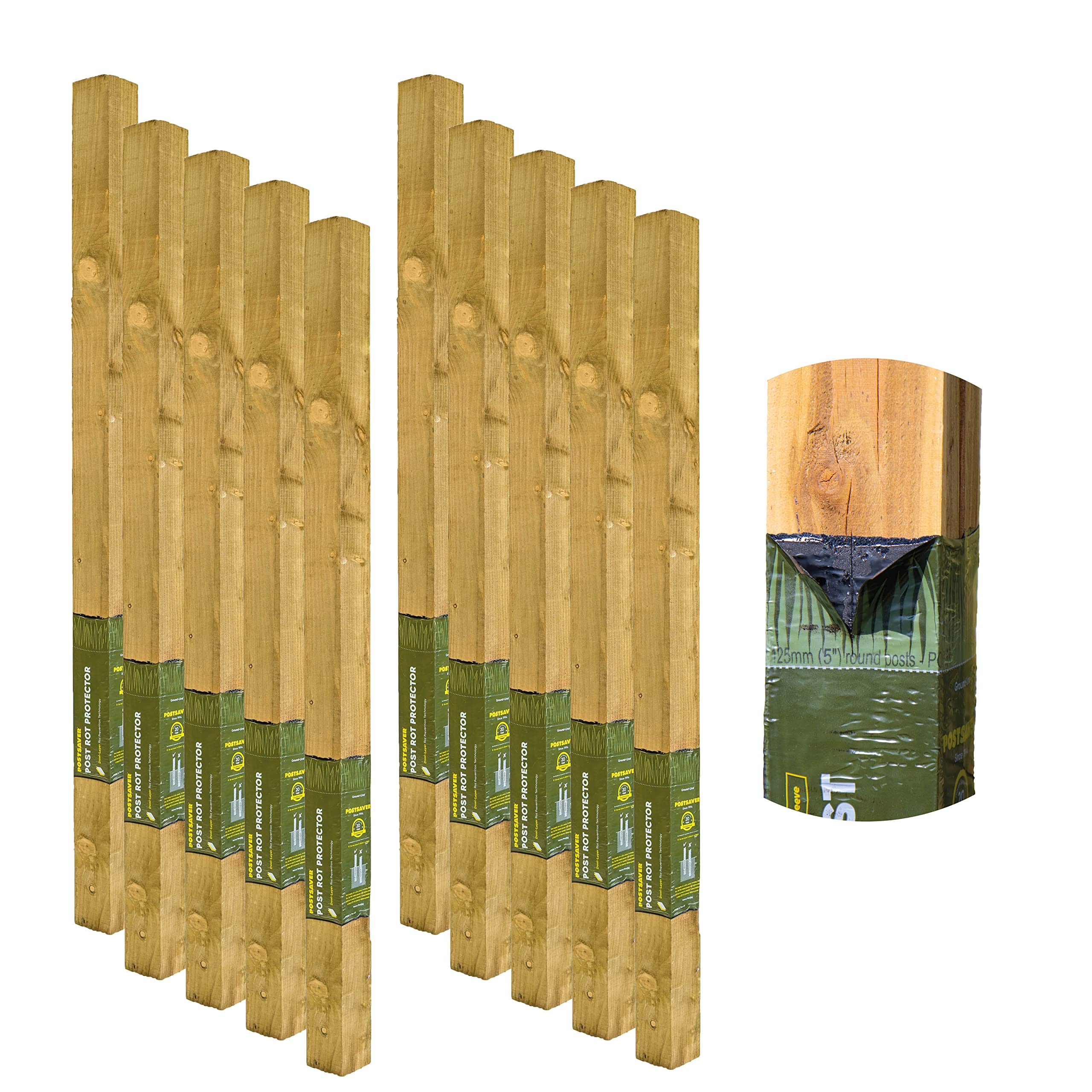 Postsaver Rot Protected Wood Fence Post 3x3" | Pressure-Treated Timber Post for Gardening | Decay-Protected with Postsaver Dual-Layer Rot Protector | 20-Year Guarantee | Pack of 10 | 6 Ft. Long
