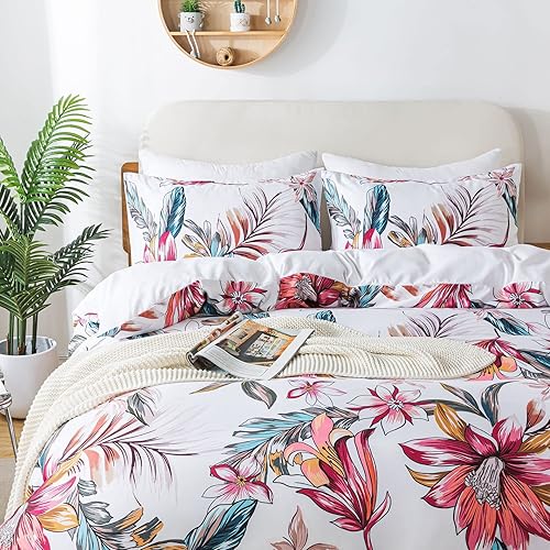 Miniatura 4 de Juego de funda de edredón botánica floral, tamaño King, colorido, bohemio, con flores de jardín, reversible, funda de edredón floral rosa, juego de