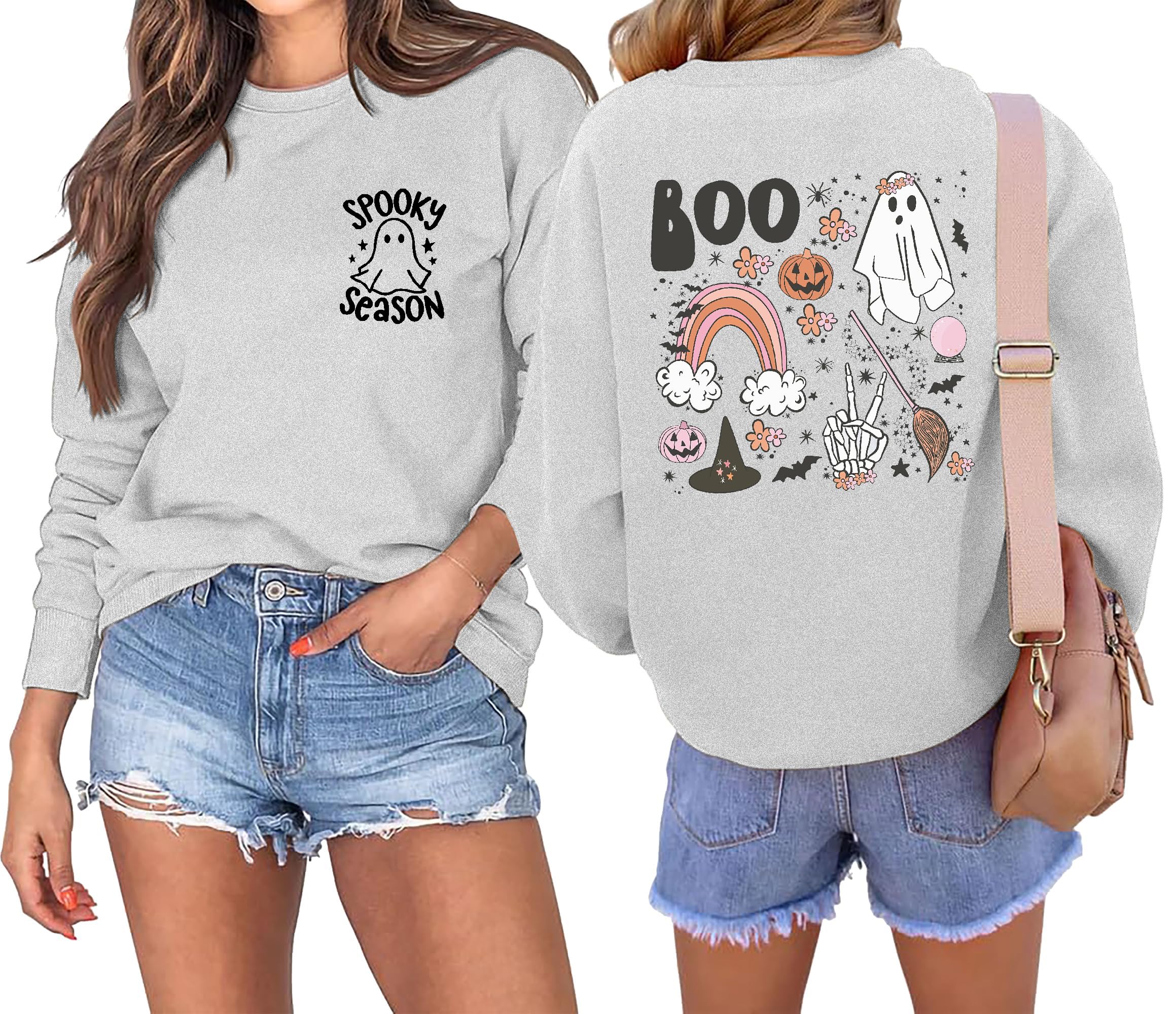 APRFLOWER Halloween Sweatshirt Women Cute Spooky Season Sweatshirts Ghost Fall Graphic Long Sleeve Sweater Pullover Top