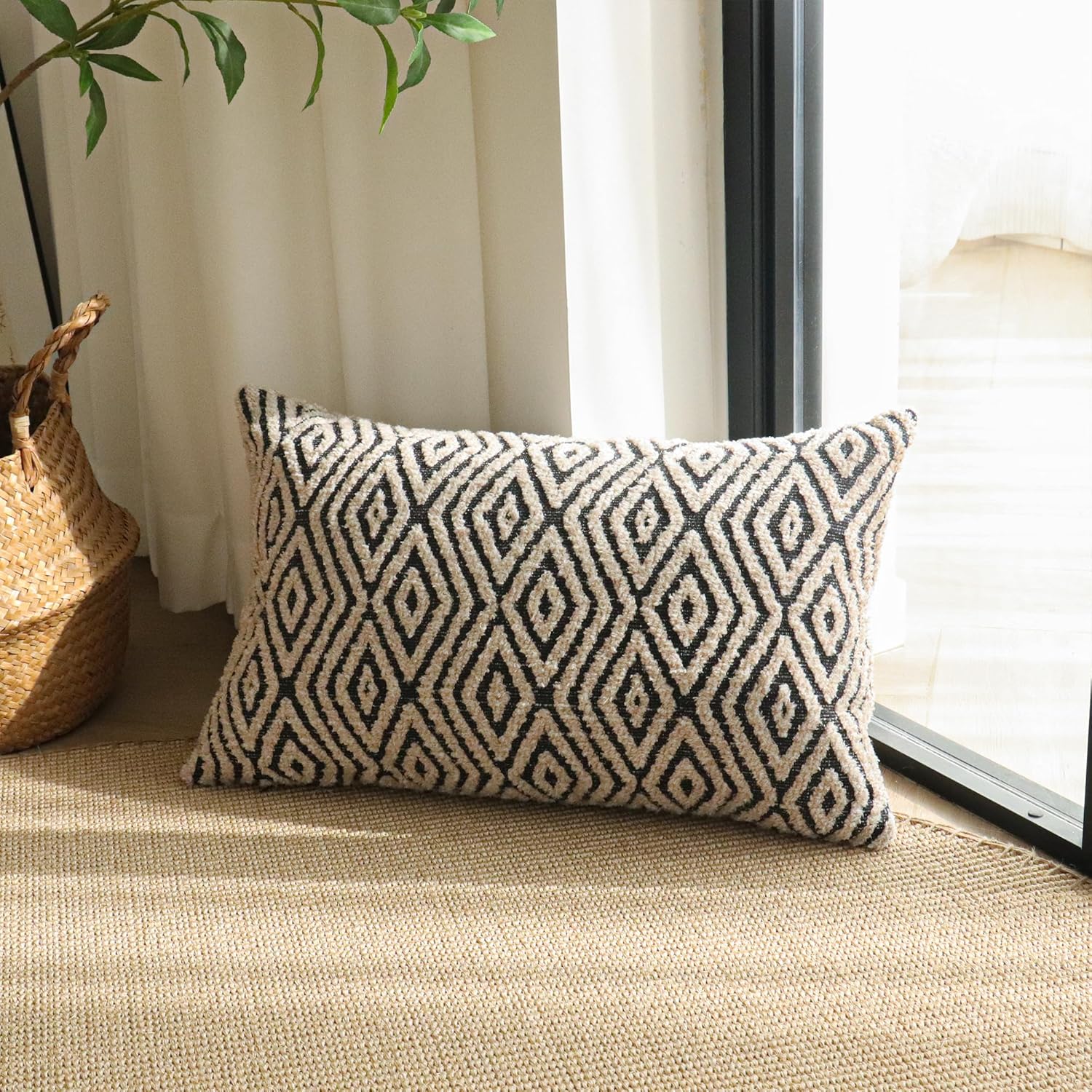 Jonhier Black White Boho Lumbar Throw Pillow Cover, Neutral Textured Geometric Rhombic Pattern Pillowcase, Farmhouse Accent Decorative Sham for Sofa Couch Bedroom Living Room, 12 x 20 inches, 1PCS - Image 4
