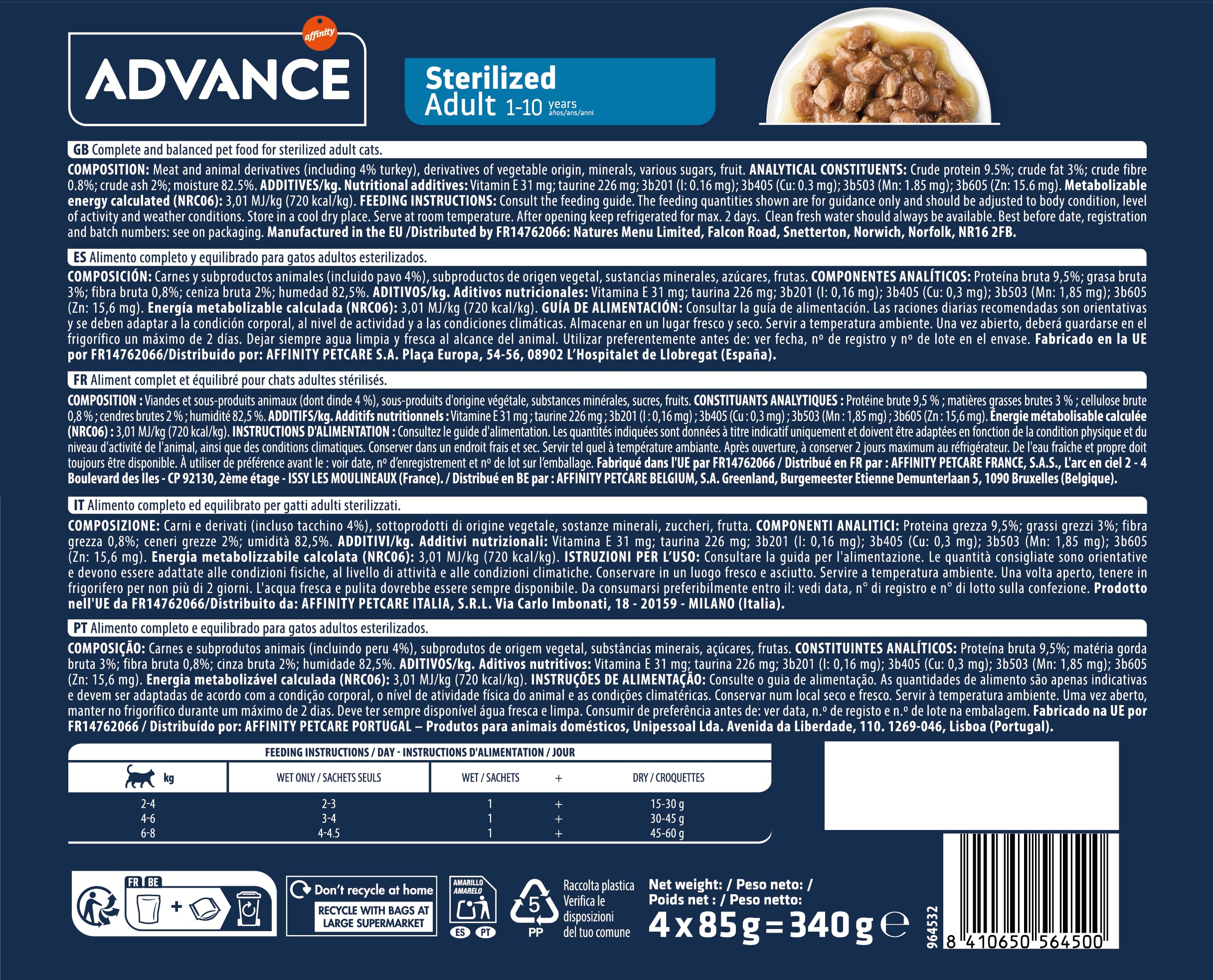 Advance Nourriture Humide pour Chats Adultes stérilisés à la Dinde 13 Flowpacks de 4 x 85 g