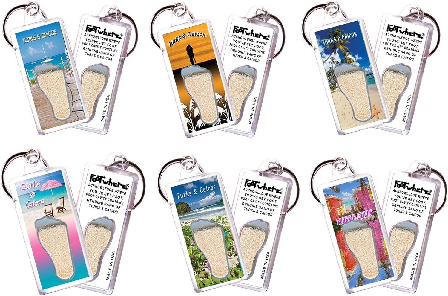 Turks & Caicos FootWhere Souvenir Keychains. 6 Piece Set. Authentic destination souvenir acknowledging where you've set foot. Genuine soil of featured location encased inside foot cavity. Made in USA