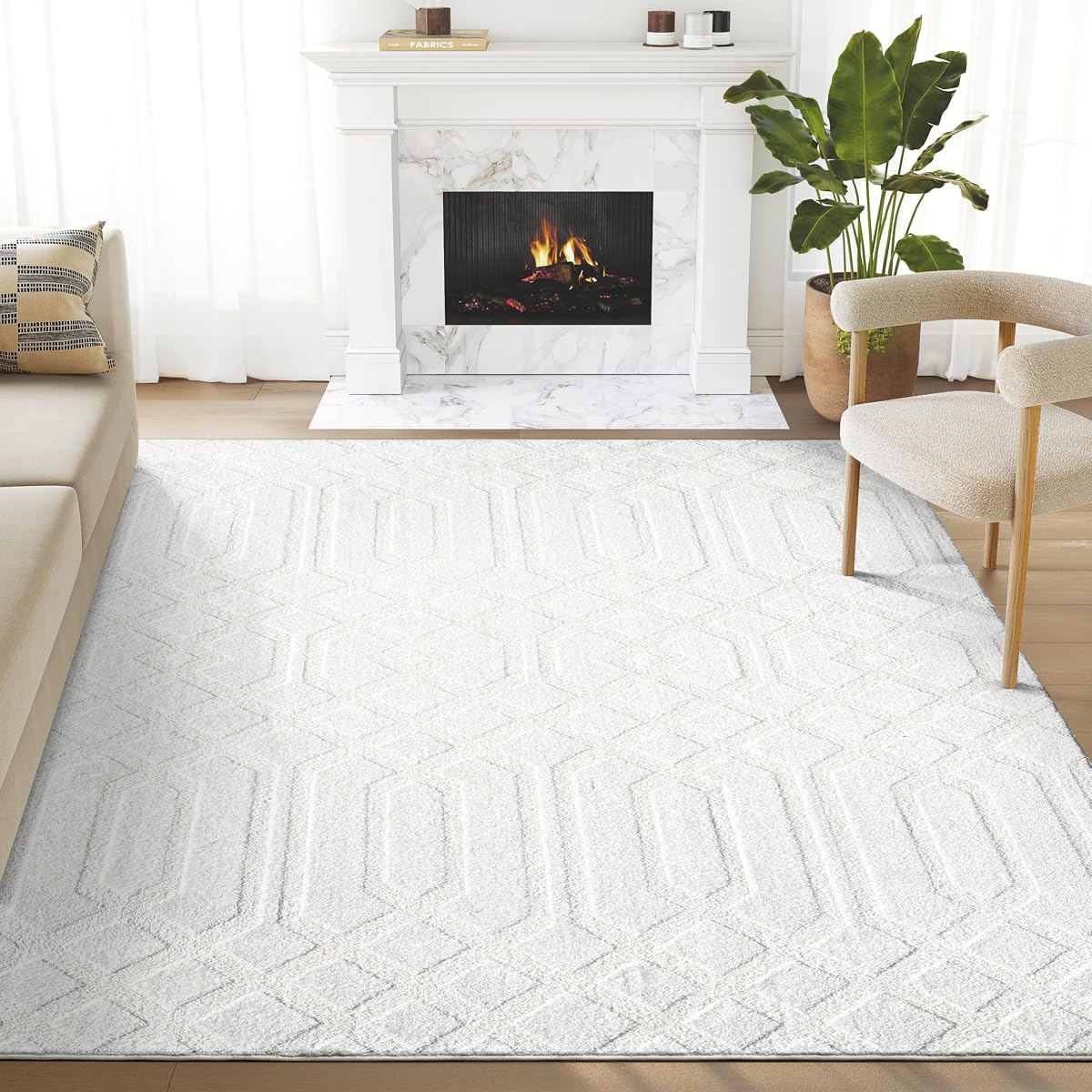 Abani Cozy Alfombra color crema para sala de estar, dormitorio, patrón geométrico de diamantes, 5 pies x 8 pies, duradera y fácil de limpiar