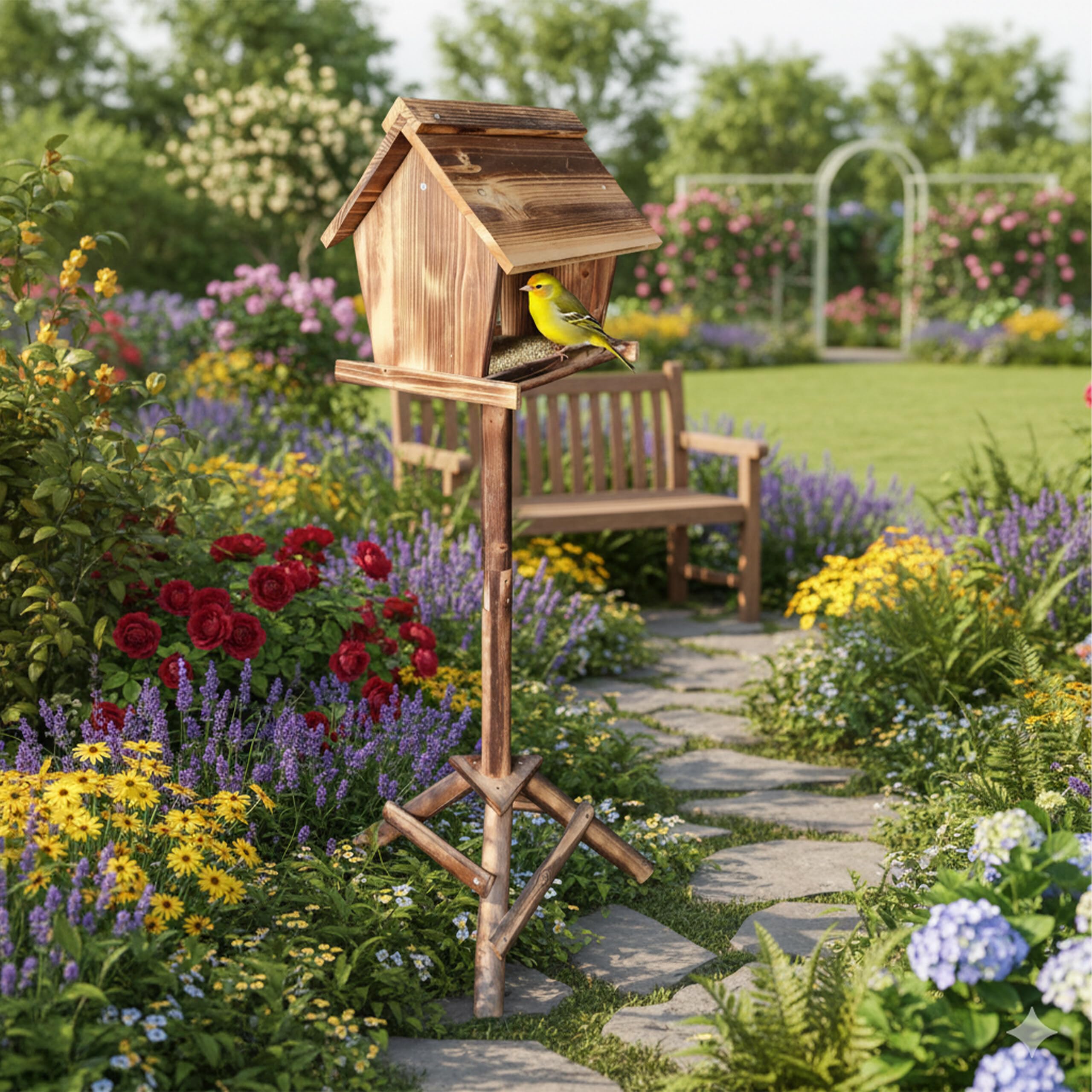 Relaxdays Mangeoire à Oiseaux sur Pied, en Bois de Sapin, Jardin, Balcon, Dimensions H x L x P : 107 x 32 x 27 cm, brûlé
