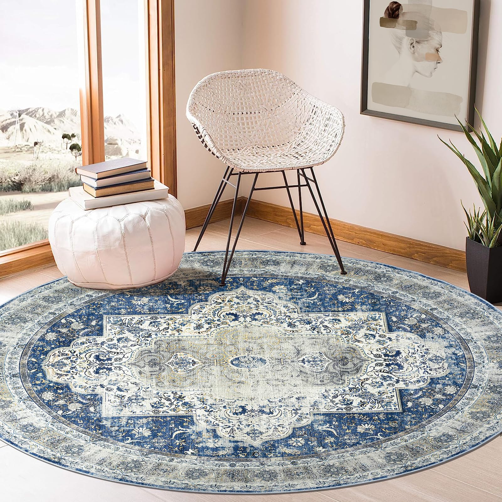 BESTSWEETIE 8ft Round Rug Vintage for Living Room 8ft Round Rugs Machine Washable Round Rug 8ft Non Slip No Pile Carpet Bohemian Distressed for Living Room Bedroom Indoor Blue