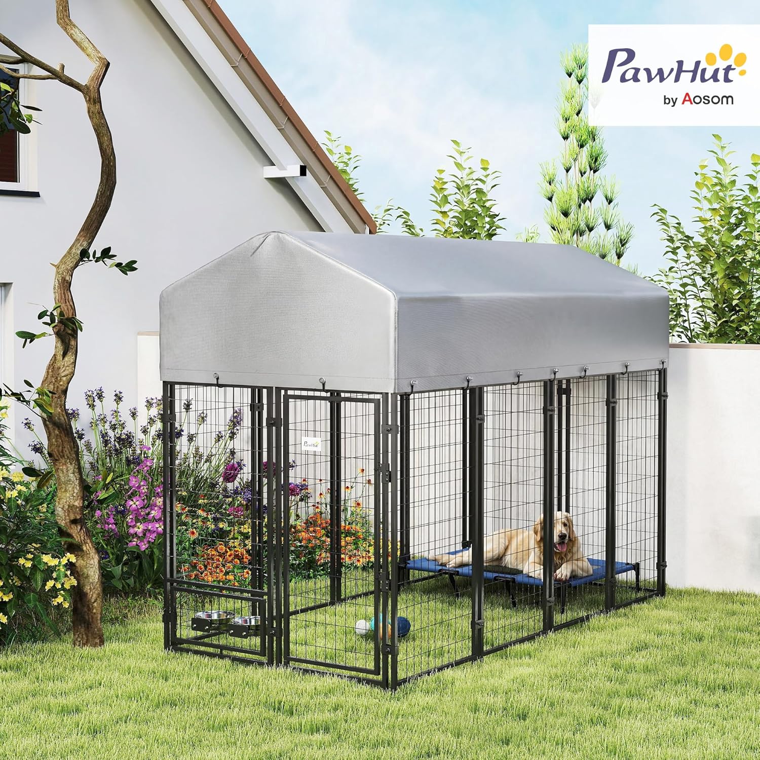 PawHut 8' x 4' x 6' Outdoor Dog Kennel, Welded Wire Dog Kennel Outside Run with 360° Rotating Bowls, Waterproof & UV Resistant Cover, for S&M&L Breeds, Chickens, Ducks, Silver