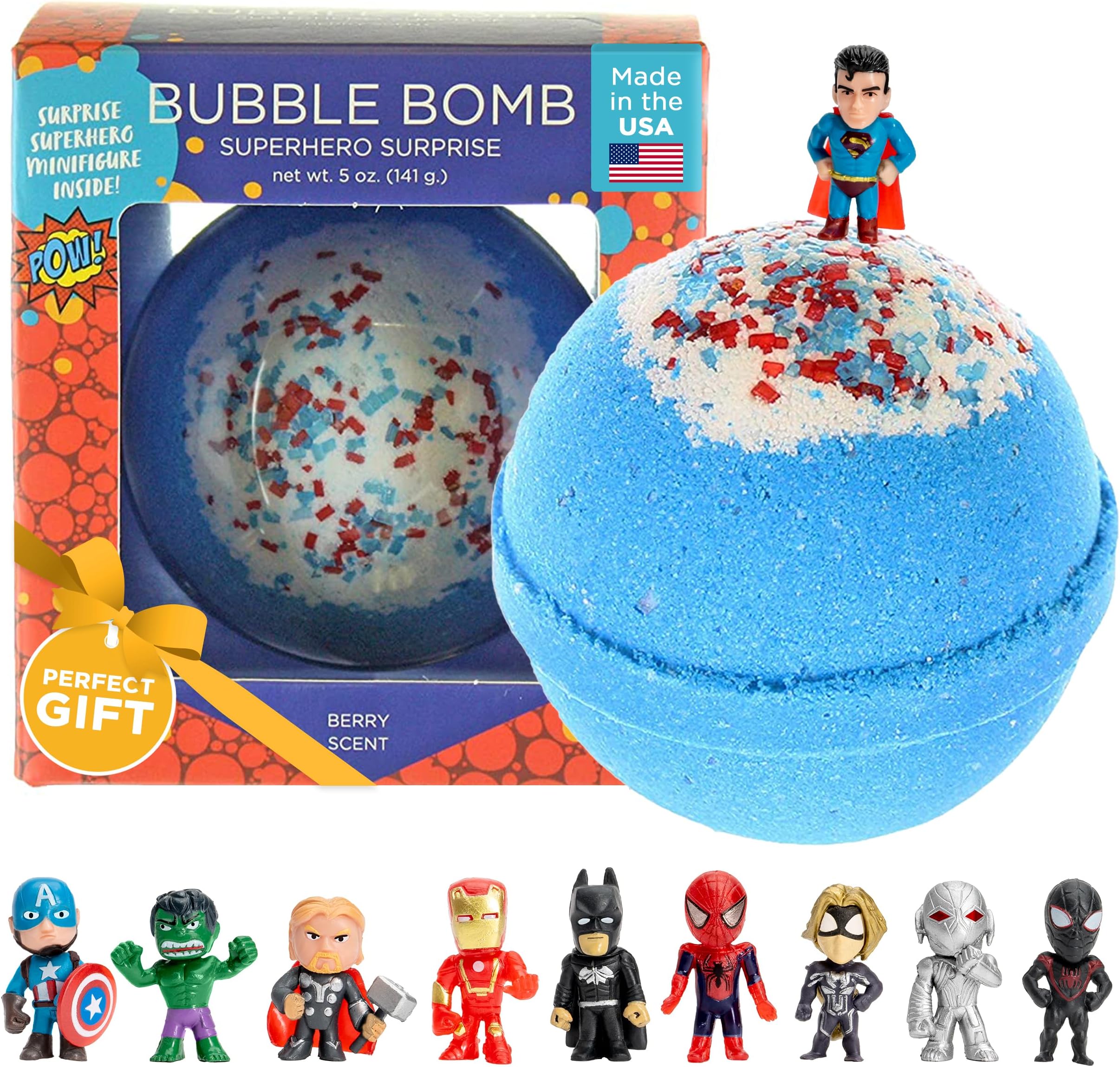 Superhero Bath Bombs for Kids & Boys with Surprise Hero Toys Inside (1 Pack) - Large Bubble Bath Bombs for Boys & Girls - Boys Easter Basket Stuffers & Gifts - Fruity Scent, USA Made by Two Sisters