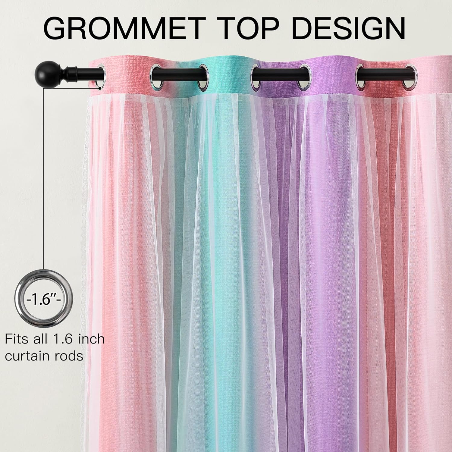 XiDi Blackout Curtains for Girls Kids Bedroom 63 Inches Long 2 Panels Thermal Insulated Colorful Rainbow Pink Curtains with Sheer Overlay Unicorn Wall Decor Princess Drapes Pink Purple Green 34Wx63L