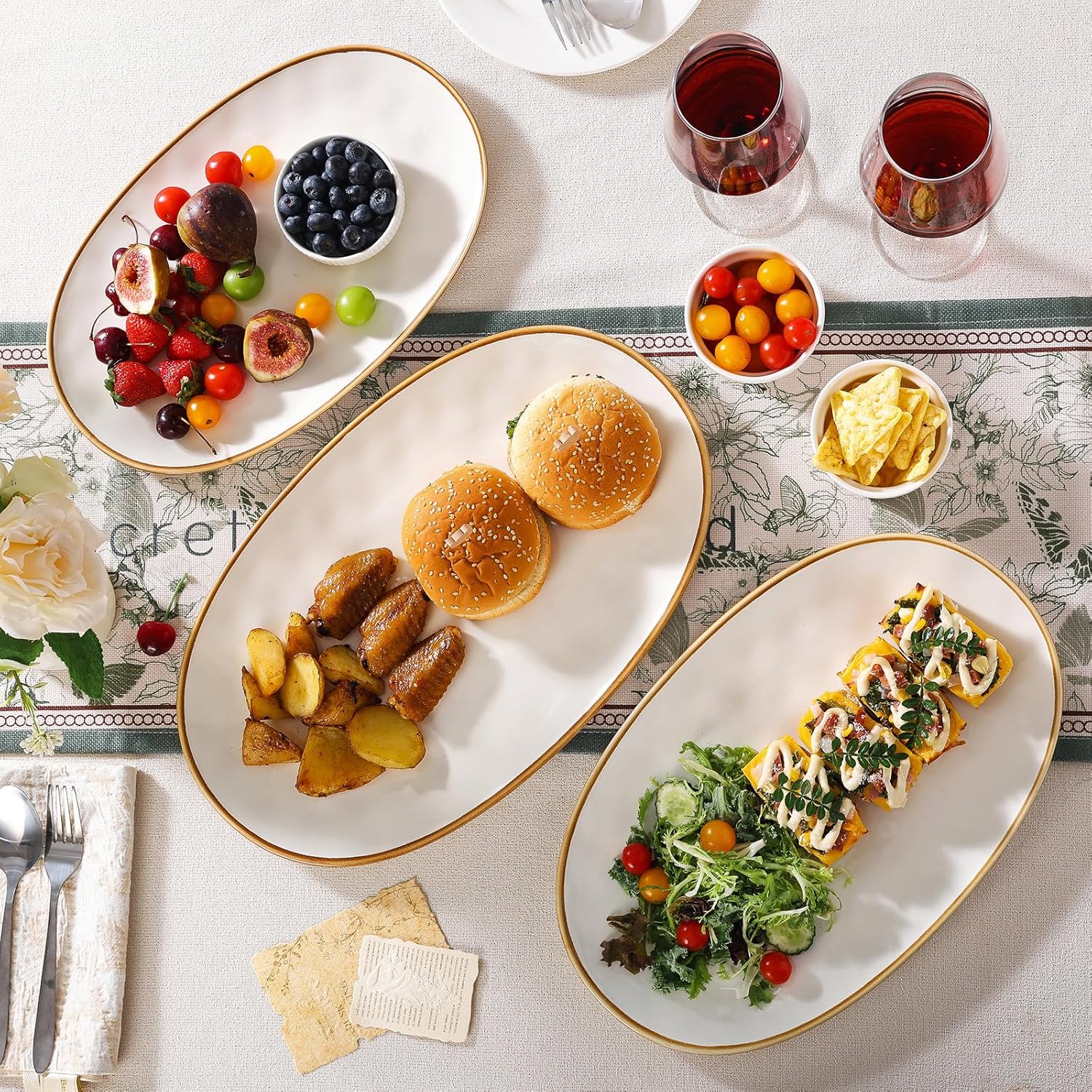 Ceramic Oval Serving Platter with Brown Rim: 15.6/14.3/12.9 Inch Large Serving Dishes for Entertaining Party, Turkey, Steak, Ham, Microwave Dishwasher Safe - Image 6