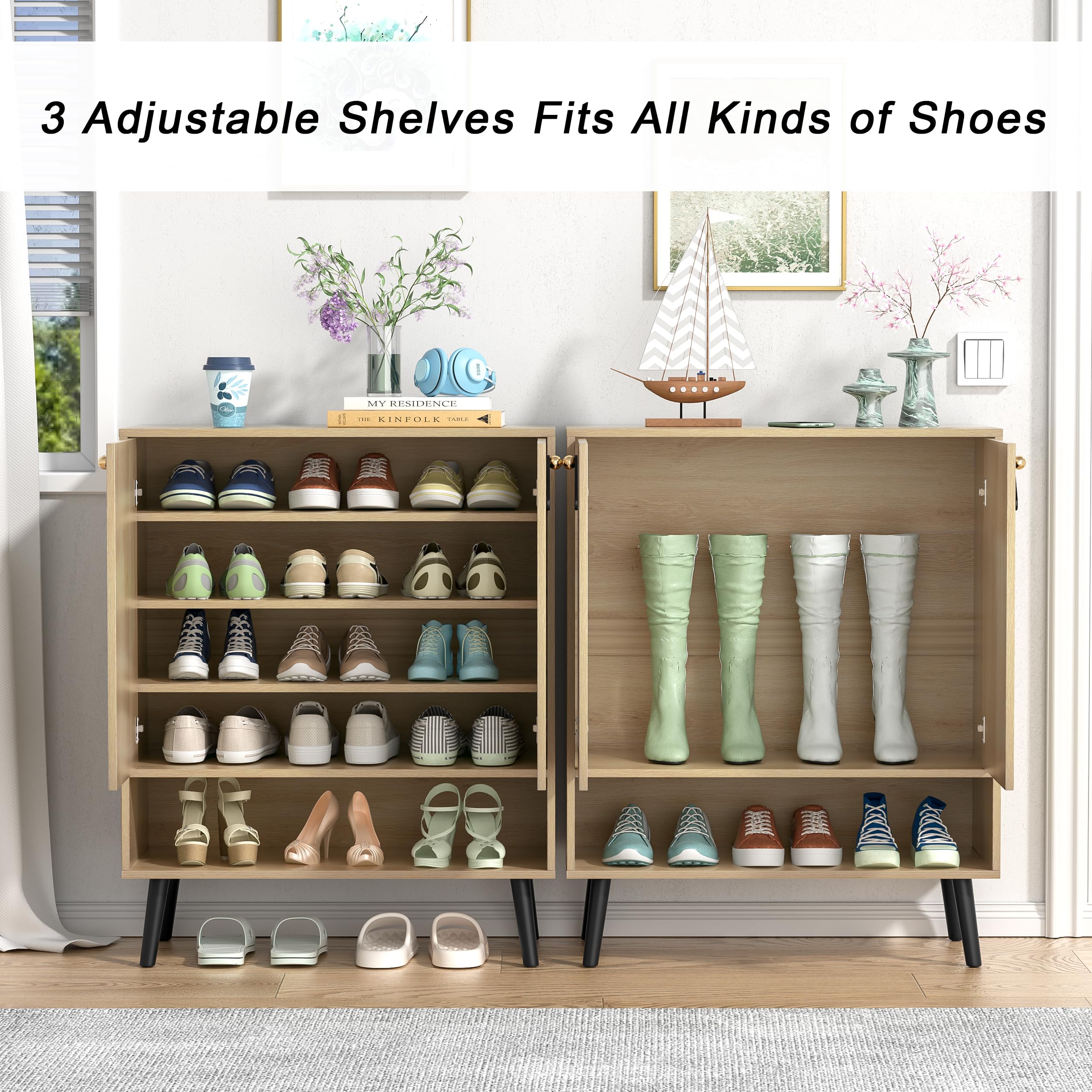 Rattan Schuhschrank mit 2 Türen, Schuhkommode für 15-20 Paar Schuhe, Schuhkipper mit Verstellbaren Regalen, Kippschutz, für Eingang, Flur, Wohnzimmer, Holz 80 x 38 x 100 cm