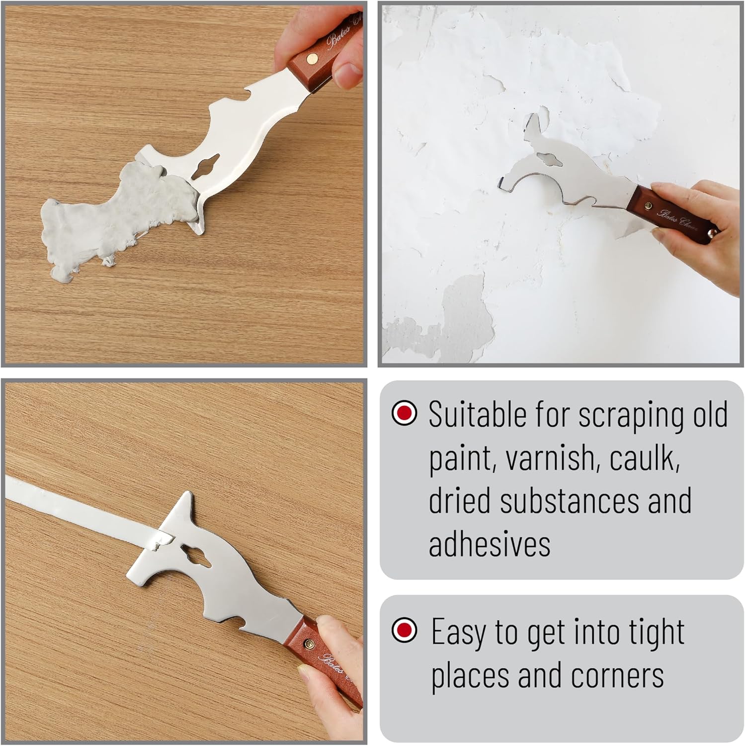 Bates- Paint Scraper, 9 in 1 Painters Tool, Mahogany Wooden Handle, Paint Scrapers for Wood, Painters Tool, Painters Knife, Paint Scraper for Painting, Putty Knife, Metal Scraper, Spackle Knife