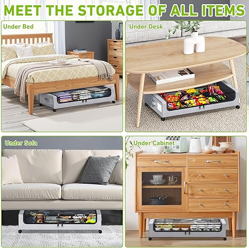 Miniatura 5 de Almacenamiento debajo de la cama con ruedas, paquete de 2 contenedores de almacenamiento debajo de la cama con tapas y cremalleras transparentes,