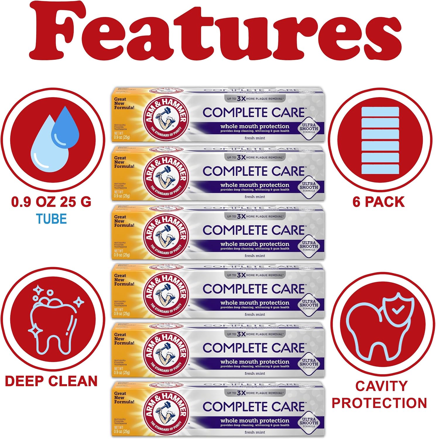 ARM & HAMMER Toothpaste Complete Care Whole Mouth Protection, 6 Pack, Fresh Mint, Anticavity Fluoride Toothpaste with Baking Soda, Whitening Enamel Strengthening Paste, Travel Size 0.9 Oz