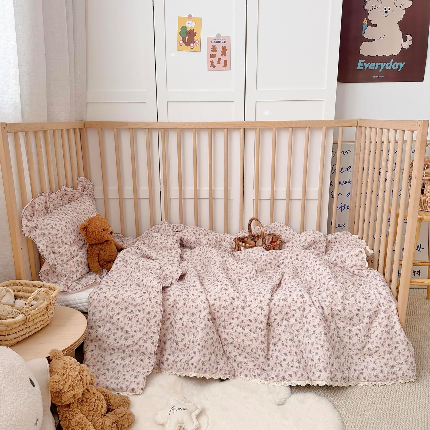 BuLuTu Muslin Quilt Blanket and Pillowcase for Twin Bed, Purple Floral Print