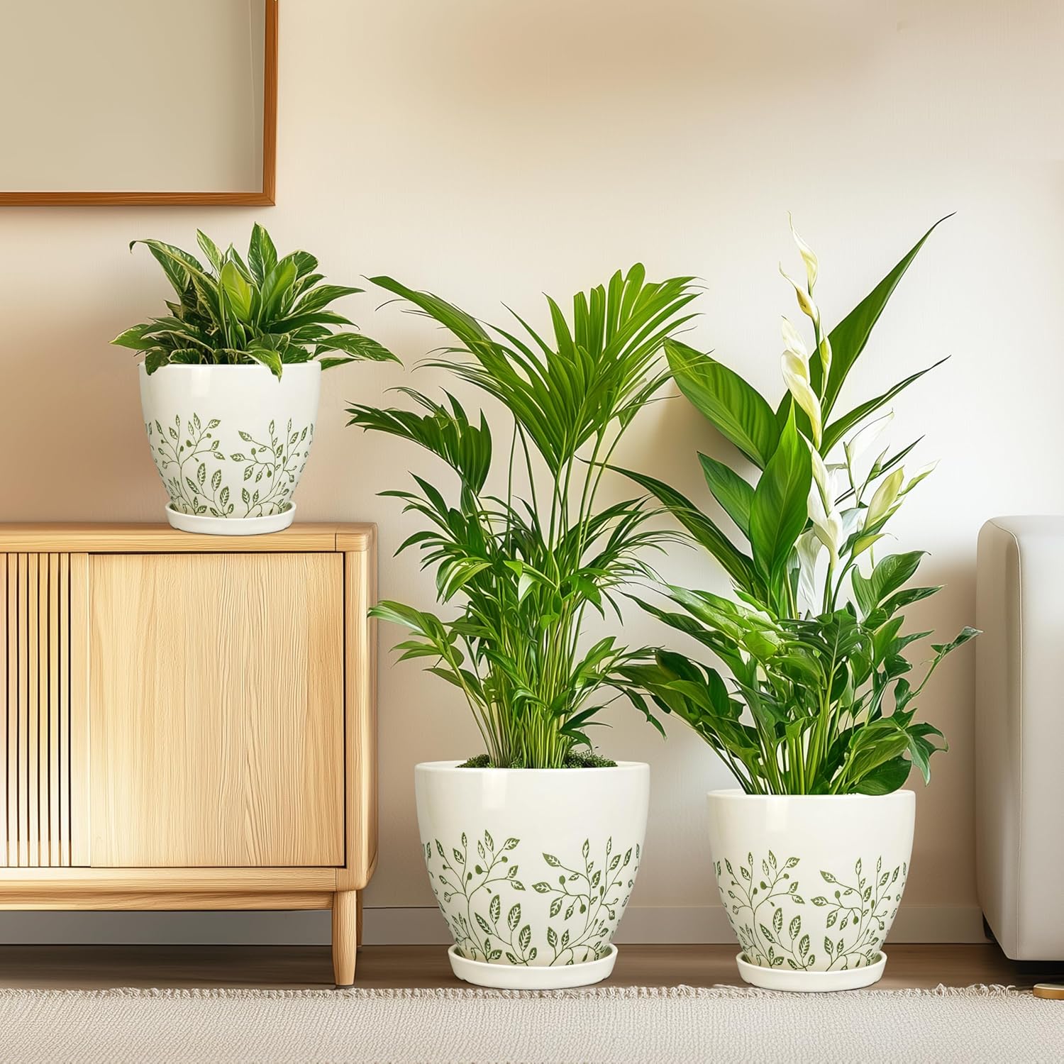 MPotTo Ceramic Pots for Indoor Plants - 10+8+6 Inch Planters with Drainage Holes and Saucers, Decorative Boho Round Indoor Planters Pots, Room Decor, Gifts for Plant Lovers, Set of 3, White