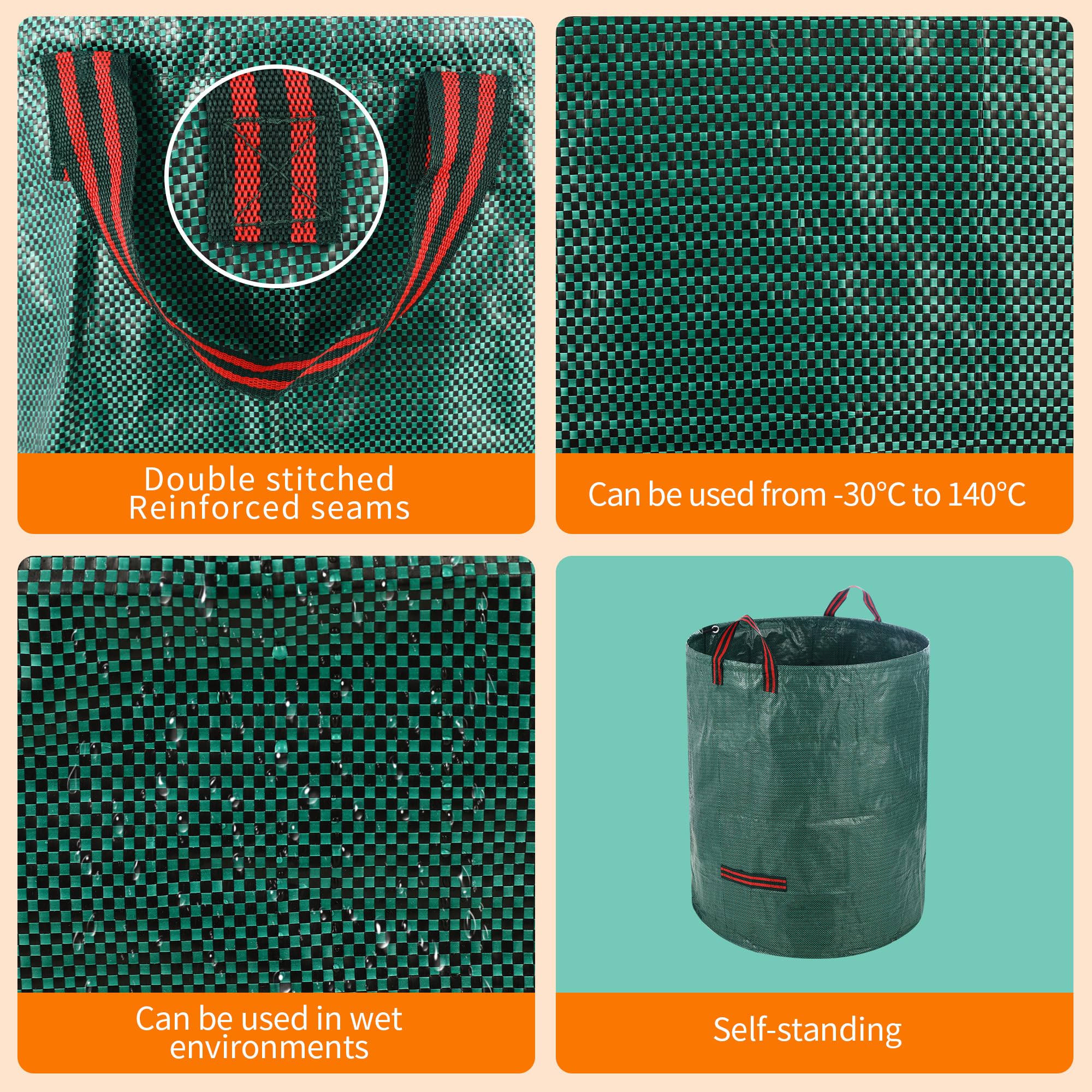 3 Piezas Bolsa Basura Jardin, 272 L Bolsa Jardin, Bolsas de basura de jardíncon asa, Plegable, Reutilizable, Adecuada para hojas, Restos de poda y residuos de plantas