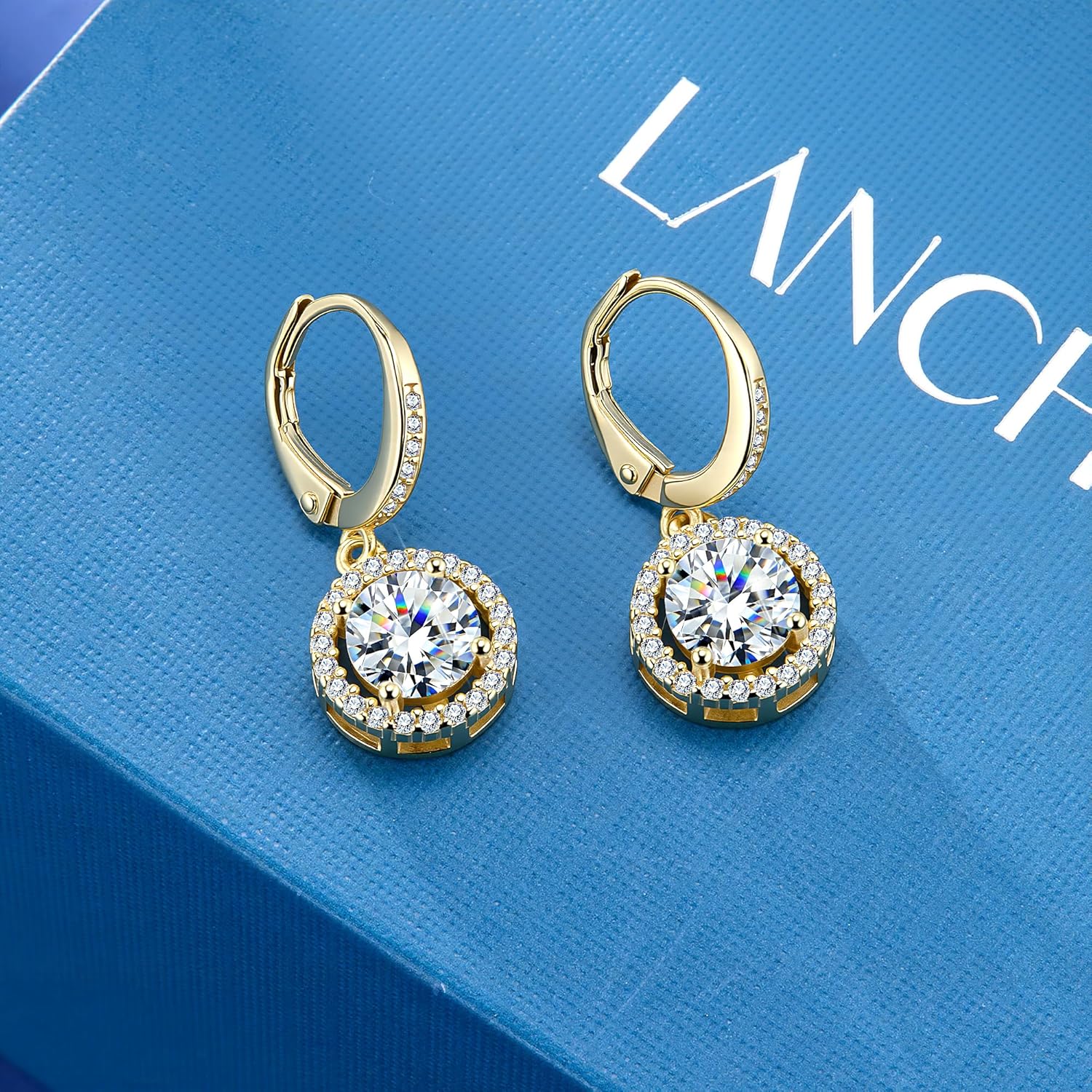 Moissanite Earrings, Hypoallergenic 925 Sterling Silver Dangle Earrings 2.0ct (1.0ct*2) Round Cut Lab Created D Color Moissanite Gold Hoop Drop Earring for Women
