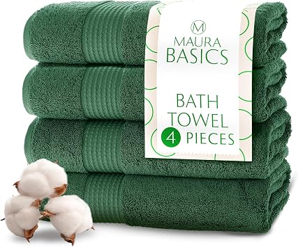 MAURA Basics Performance Bath Towels 100% Turkish Cotton with Hook Loops. Extra Large Luxury Absorbent Plush Towel Sets for Bathroom, Daily Use American Standard Size 27x54, Hunter Green