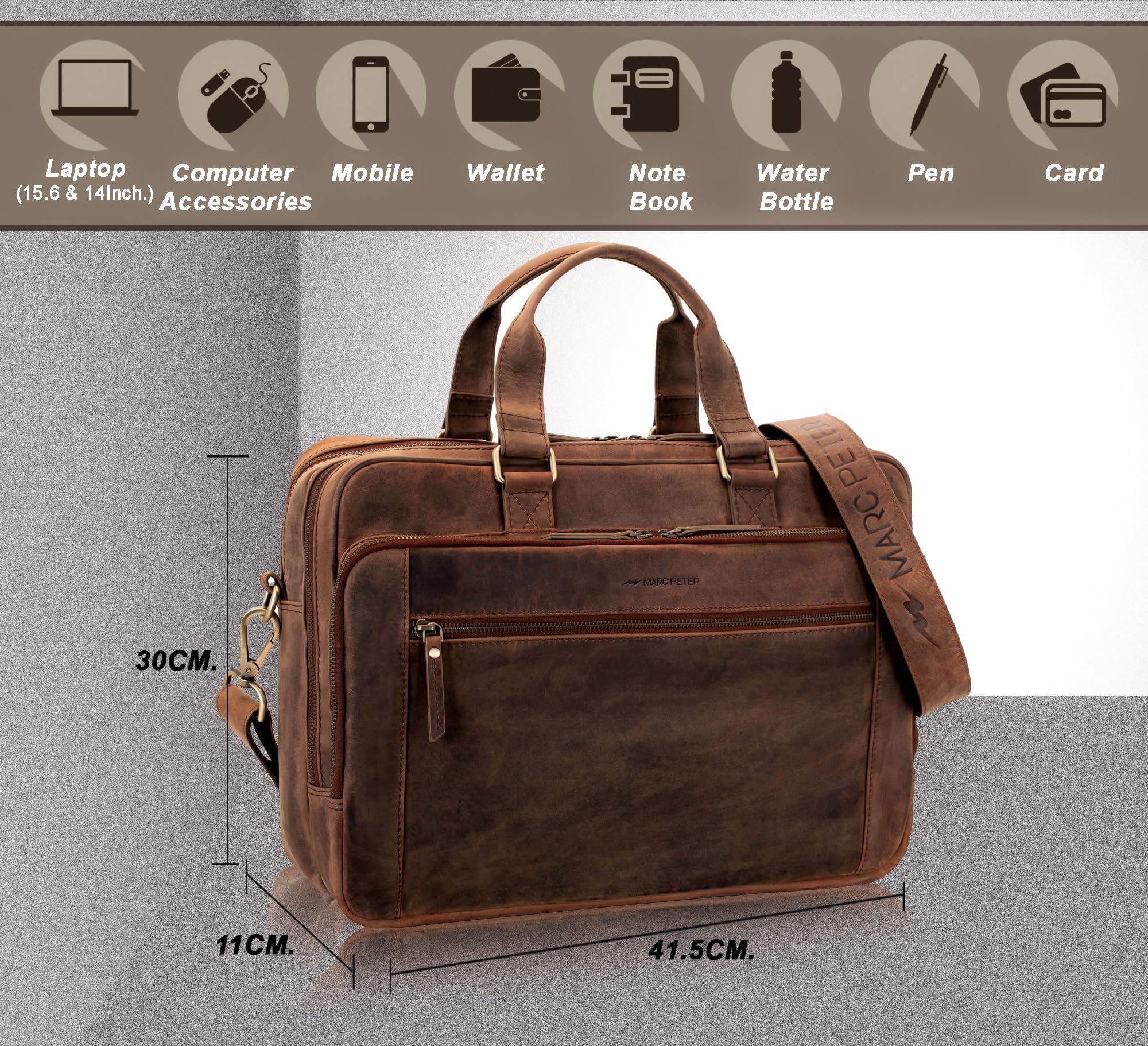 Marc Peter® Laptoptasche Seattle I Leder Umhängetasche für 15.6 zoll Laptop I Aktentasche für Notebook I Tasche für Damen und Herren