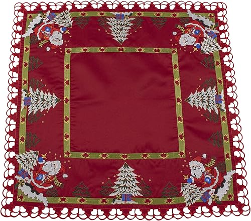 Mantel bordado de Papá Noel y árboles de Navidad, mantel pequeño en rojo, cuadrado de 33 pulgadas
