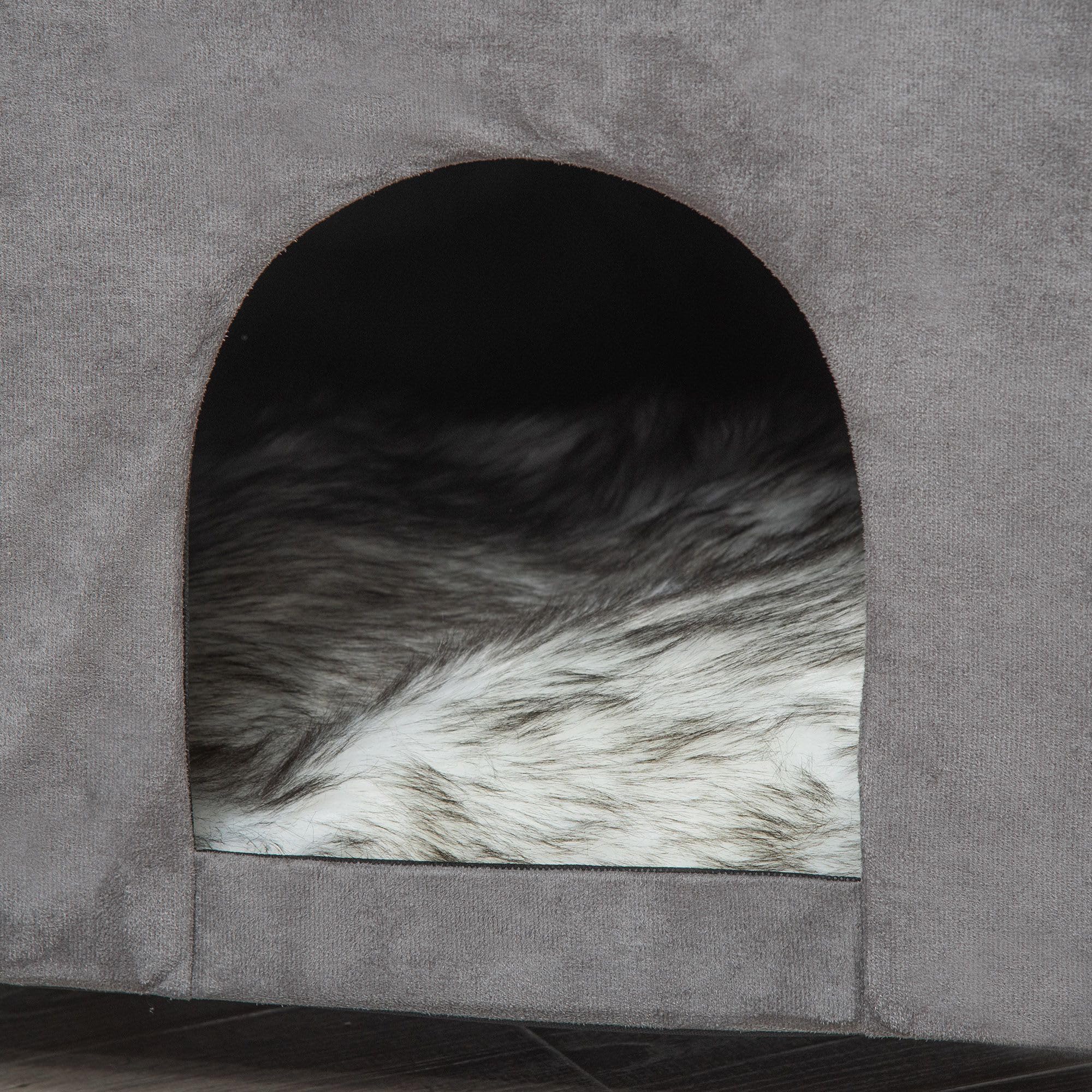 PawHut Cueva para Gatos 2 en 1 Taburete Reposapiés con Tapa Extraíble Orificio de Entrada Cojín Lavable y Patas Elevadas de Madera para Interior 60x45x44,5 cm Gris