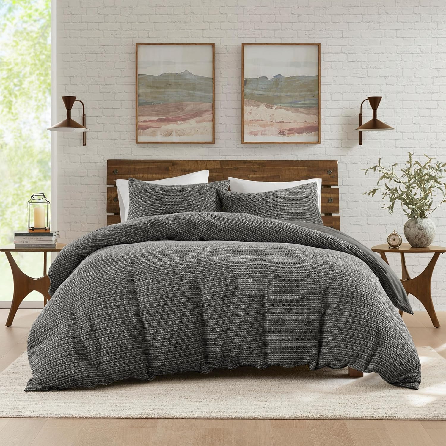Woolrich Queen Duvet Cover Set Cotton Waffle Pre-Stone Washed, Oversized Duvet Cover Queen Size Bed, All Season Soft Bedding Cover Queen Size, Shams, Lyon, Full/Queen Charcoal 3 Piece