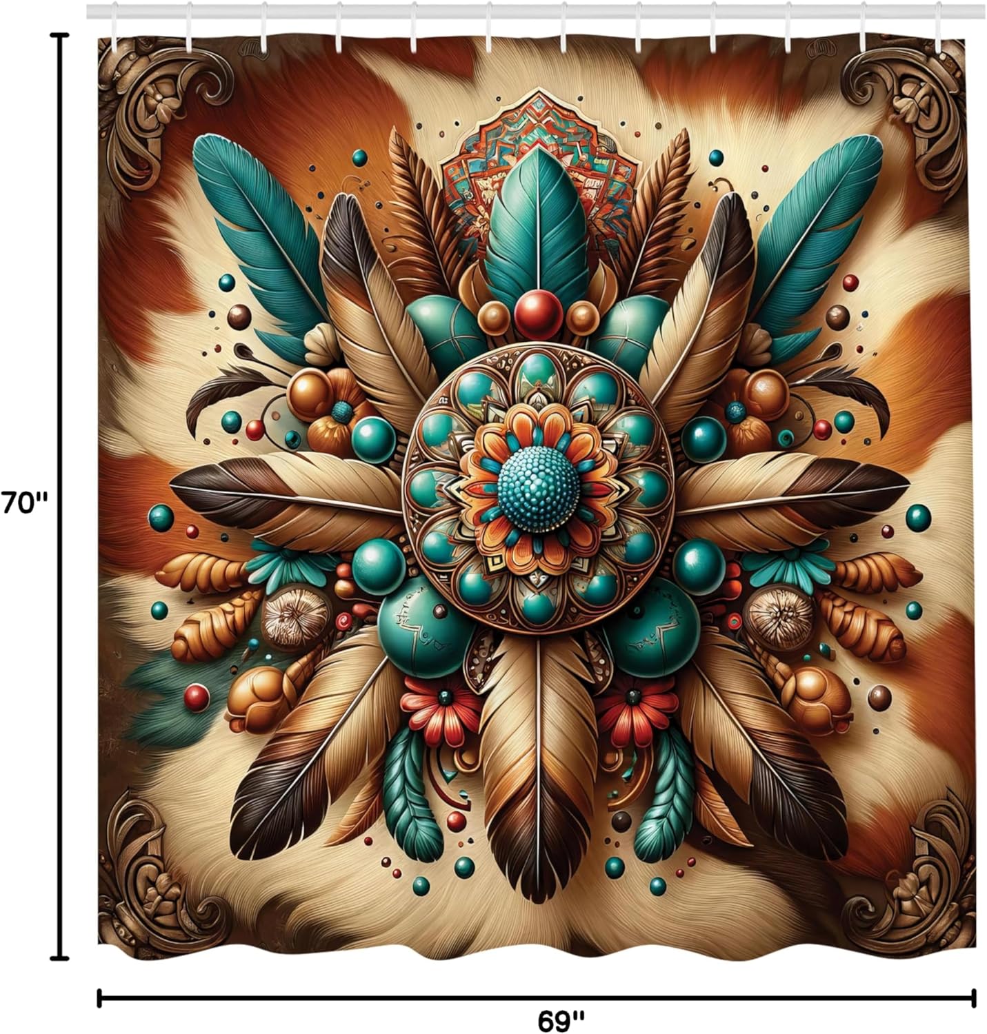 Ambesonne Rustic Shower Curtain, Boho Feathers with Earthy Influences Ethnic Concept Mandala Look Center Art, Cloth Fabric Bathroom Decor Set with Hooks, 69" W x 70" L, Teal Cinnamon Brown
