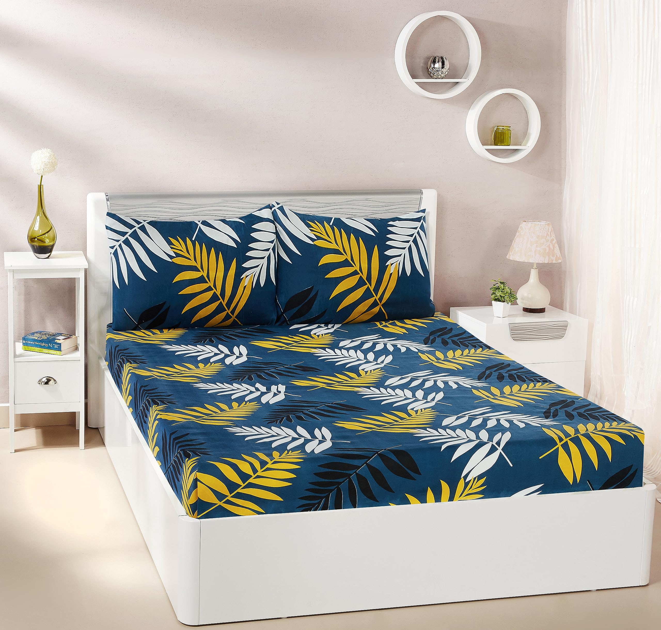 Amazon Brand - Solimo Indigo Forest Double Bedsheet with 2 Pillow Covers, 95 GSM, 144 Tc, Polyester