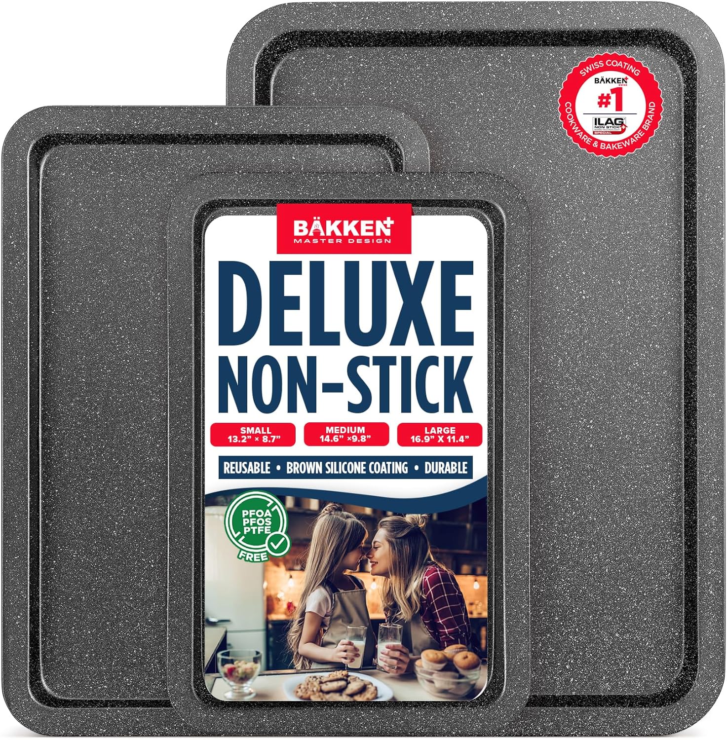 BAKKEN 3-Piece Kitchen Baking Pans – Small, Medium, and Large Cookie Pan, With Nonstick Coating, Stackable and Space-saving Design, PFOA, PFOS, PTFE Free, Oven Safe Tray (Up To 450°F), Gray Marble