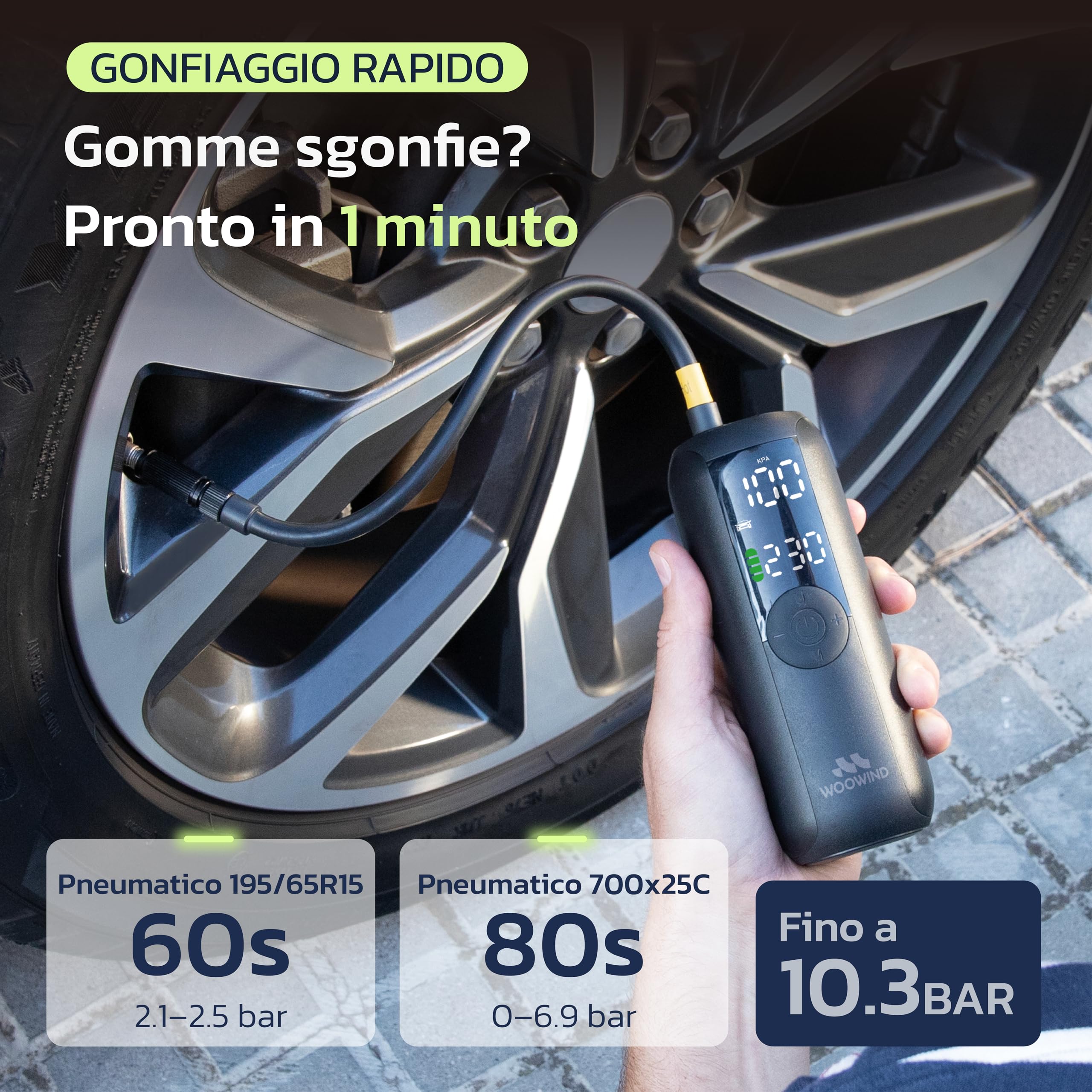 Woowind Compressore Aria Portatile, Pompa Per Bicicletta Elettrica Gonfiaggio in 1 Minuto, 150PSI Gonfia Gomme Auto, Biciclette, Moto e Palloni con Spegnimento Automatico, Schermo LCD, Luce LED