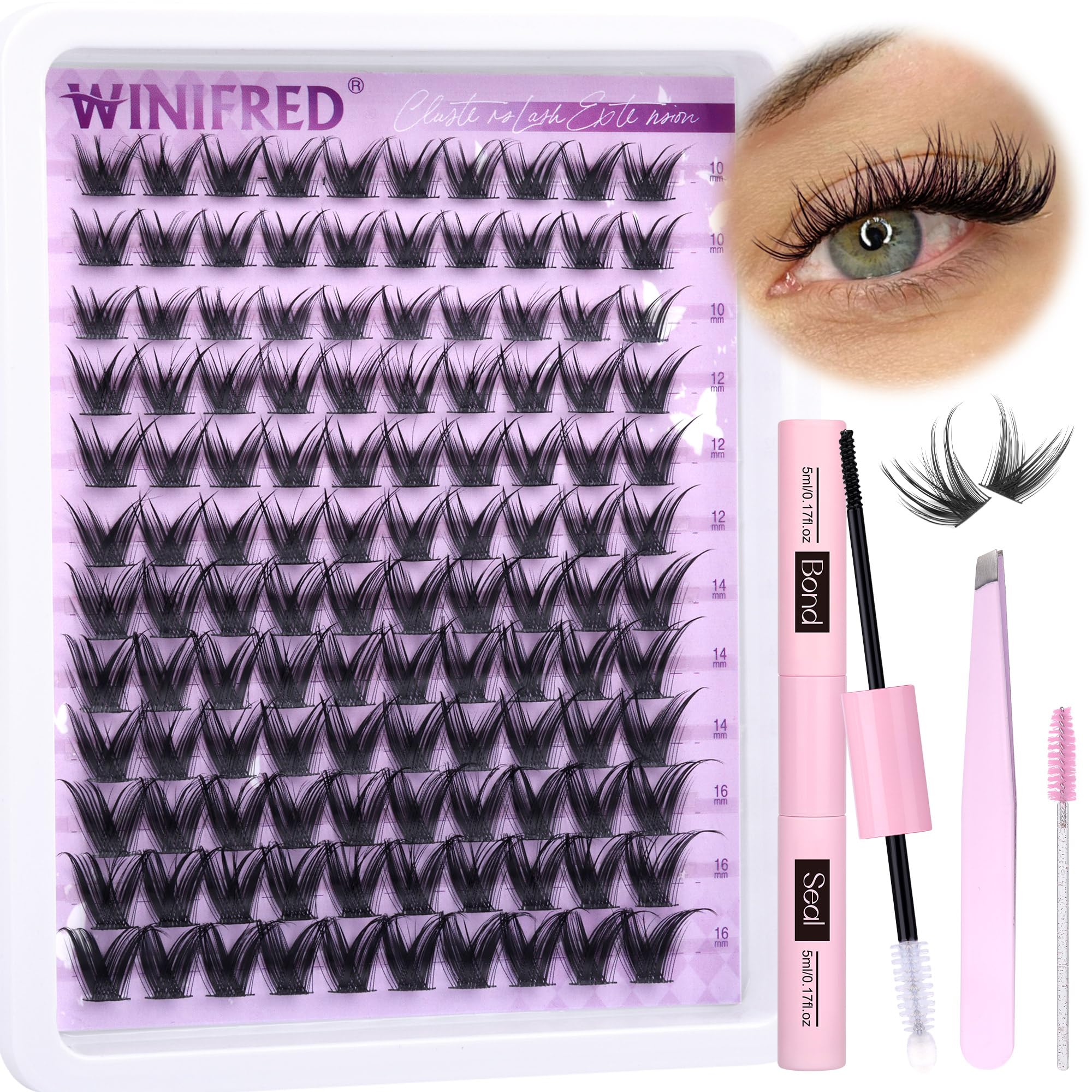 Wispy Lash Clusters Lash Extension Kit Eyelash Clusters Natural Look Lash Clusters Kit C Curvature Cluster Eyelash Extensions 10-16mm Manga Individual Lashes with Lash Bond and Seal by Winifred