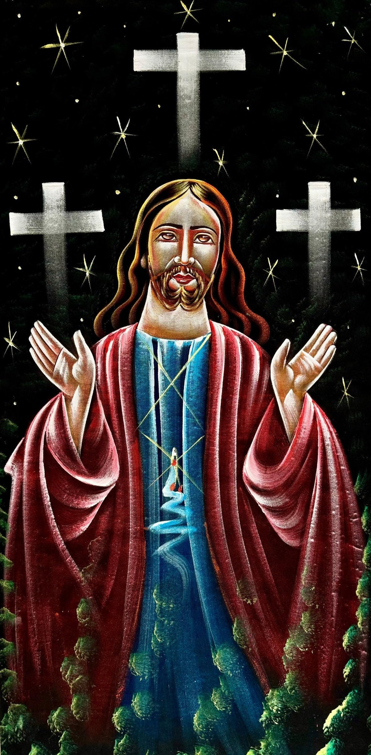 INSAIN - Handmade Velvet Painting of Jesus Christ with Crosses - 60x122 cm | Fabric Painting | Big Wall Art | Home Decor