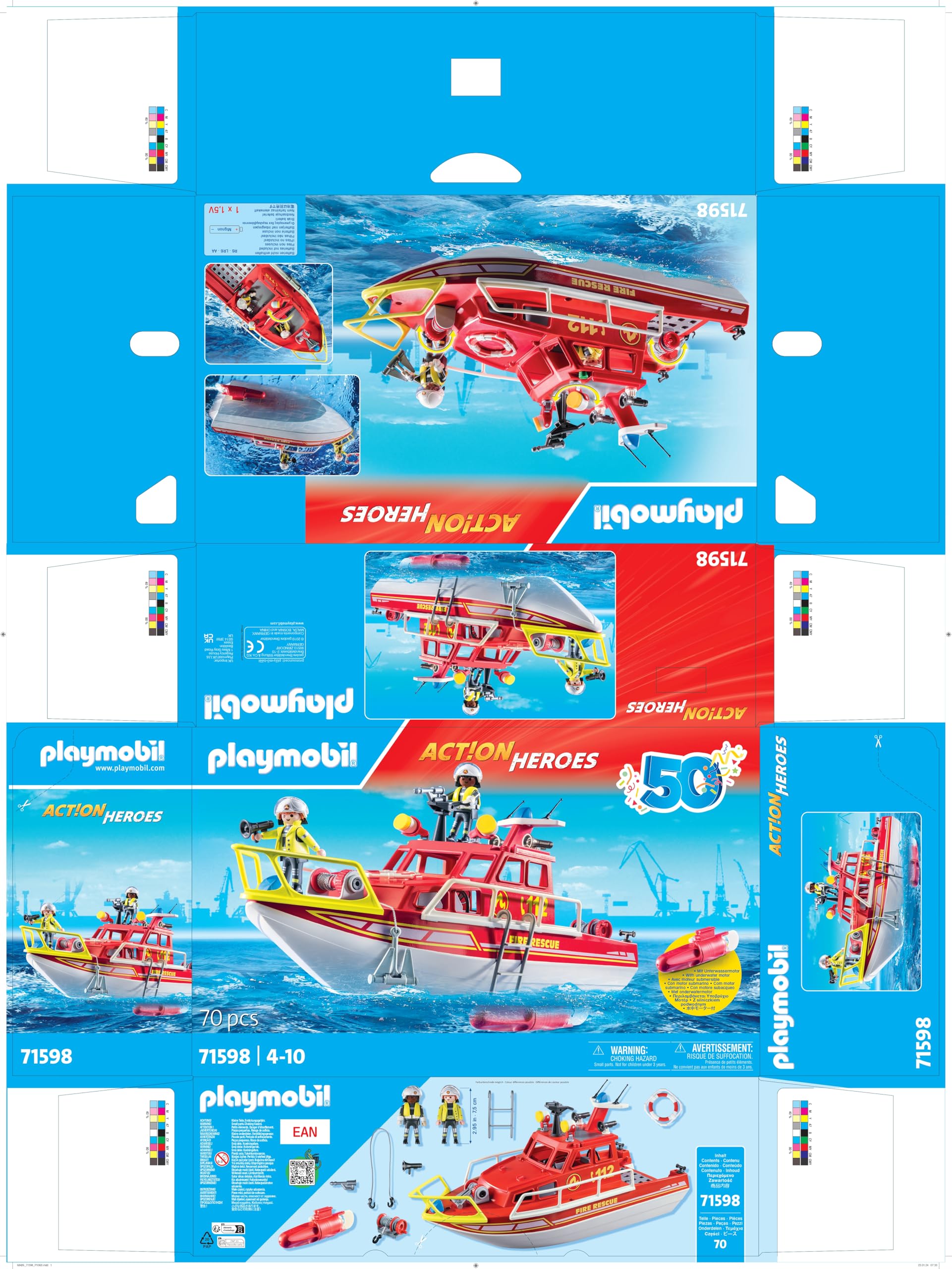PLAYMOBIL Action Heroes 71598 Barca dei Vigili del Fuoco, missione di salvataggio sull'acqua, barca galleggiante con tetto removibile e accessori, giocattolo per bambini dai 4 anni in su