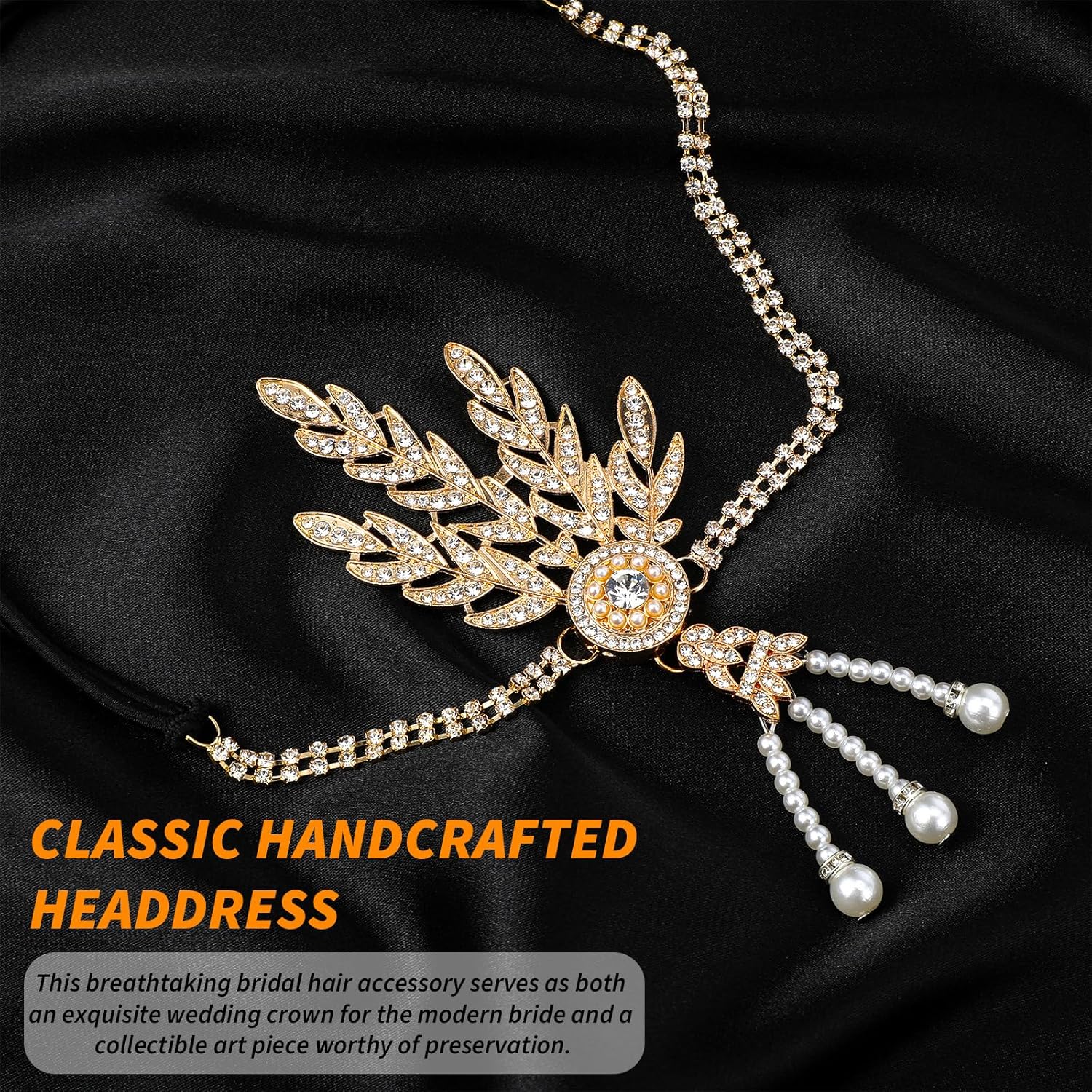 Flapper Headband,1920s Headband with Leaf Rhinestones Headpiece Pearl Tassel Head Bands Roaring 1920s Headpiece for Women(Gold) - Image 4