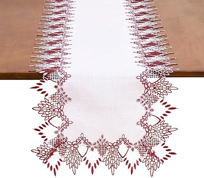 White Dark Red Jacquard Lace Table Runner 60 inches Long, Claret Dresser Scarf Table Topper for Christmas Kitchen Coffee Table Wedding Party Home Decor Dark Red, 16x60