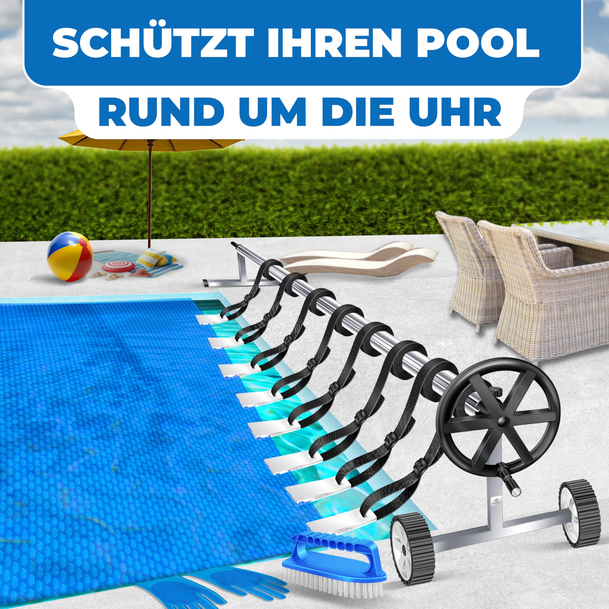 KESSER® Pool Premium Aufrollsystem 3m - 5,70m | Mit Rädern | für Solarplane | mobiles Aufrollvorrichtung für Poolplane & Abdeckung | inkl. Bänder, Handschuhe & Bürste | witterungsbeständiges Material