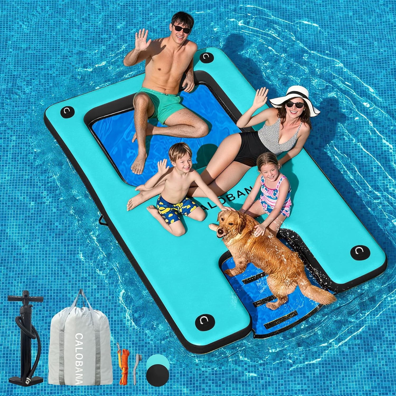 CALOBANA Inflatable Floating Dock with Boat Ramp,Lake Floats with Mesh,Tanning Pool Lounger Water Hammock for Family Party Pool Sea River Dock Boat