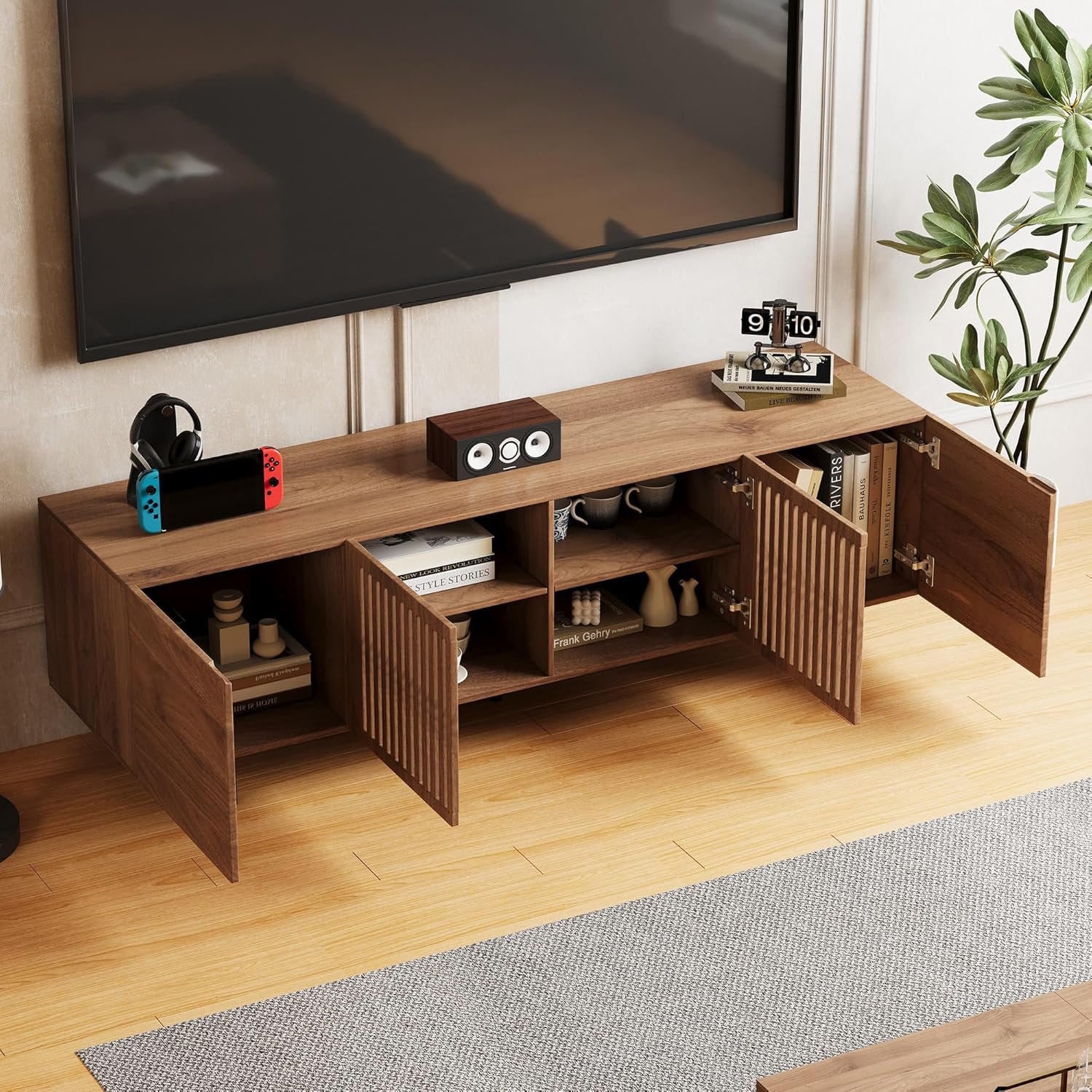 70.87" Mid Century Modern TV Stand, Walnut Media Console for 70 Inch TVs, Entertainment Cabinet with 4 Storage Compartments for Living Room or Bedroom