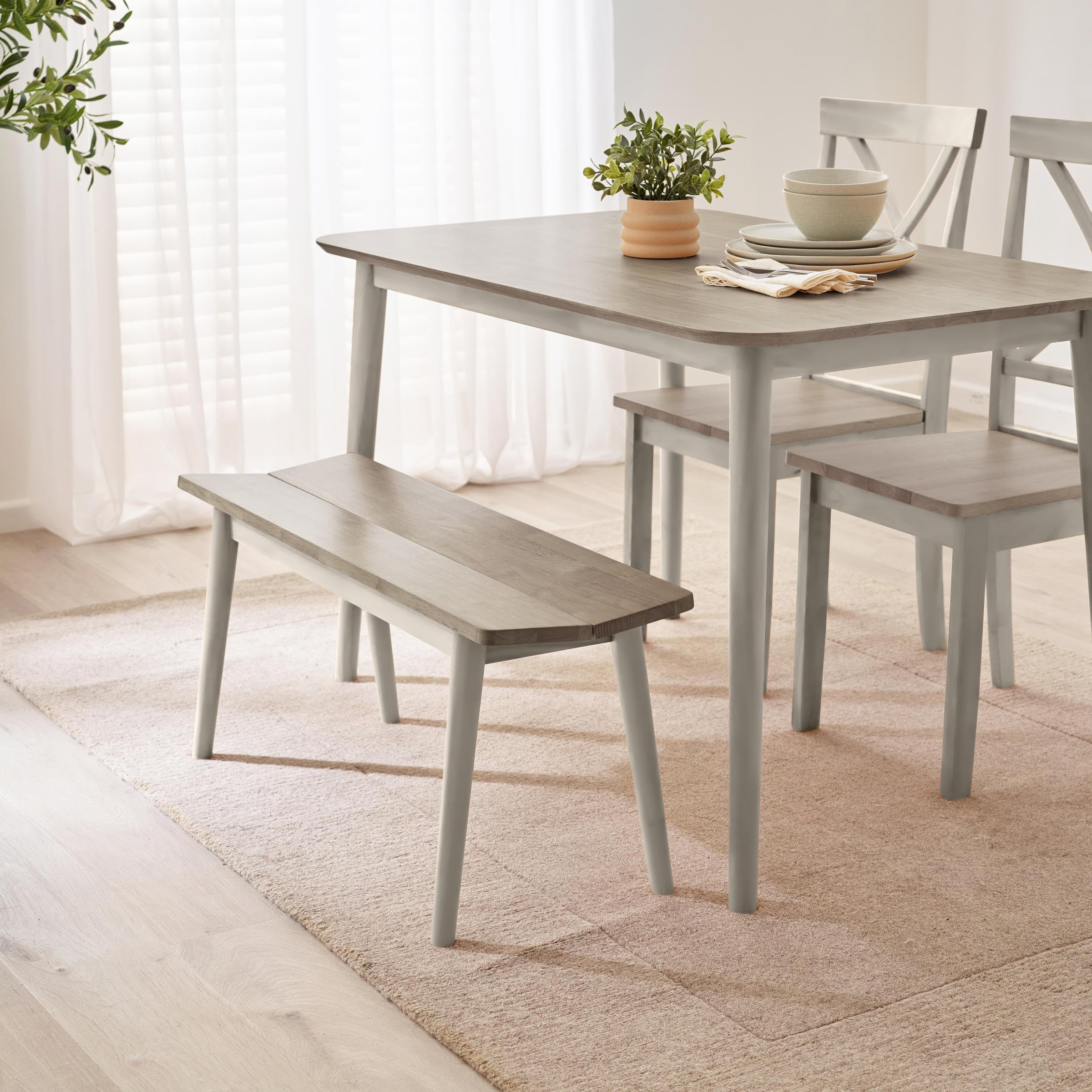 Furniturebox UK Lynton Small Wooden Dining Bench, 95cm, wash Paint and Grey Stain Finish, Wood Kitchen 2 Seater Stool, Warm Fresh Modern Meets Traditional Farmhouse Dining Furniture, White โ image 1