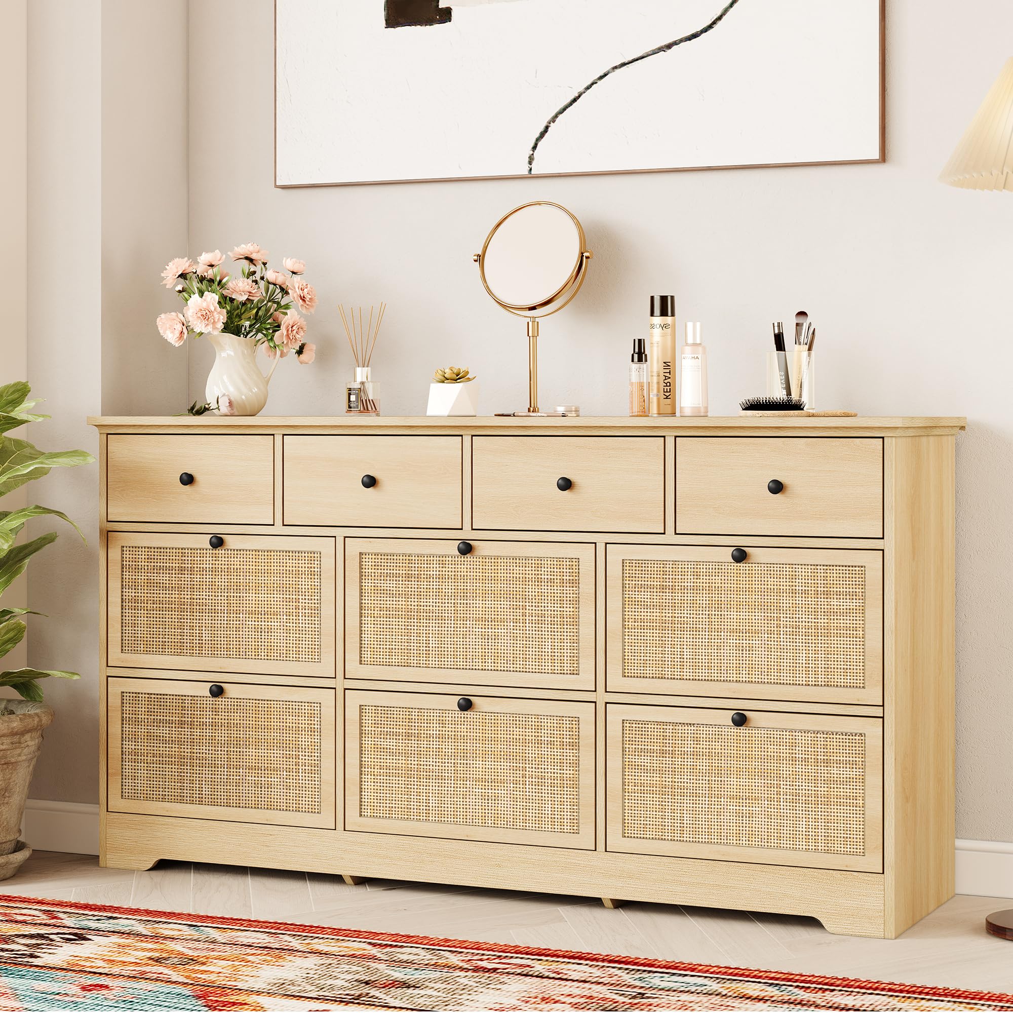 Brafab 59" Mid-Century Rattan 10 Drawer Dresser