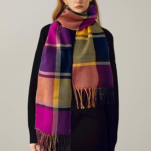 Miniatura 2 de Bufanda clásica con borlas para mujer, súper suave, sensación de cachemira clásica, para otoño e invierno, bufandas de tartán cálido y grueso